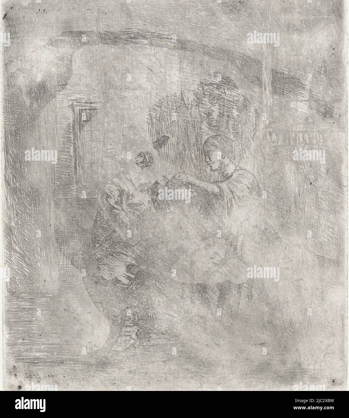 Eine Frau hält einen Krug in ihrer Hand. Neben ihr ist ein Mann mit einem Hut auf dem Kopf., Interieur mit einem Mann und einer Frau, Druckerei: Johannes Adrianus Schultz, Niederlande, 1830 - 1863, Papier, Radierung, H 147 mm × B 127 mm Stockfoto