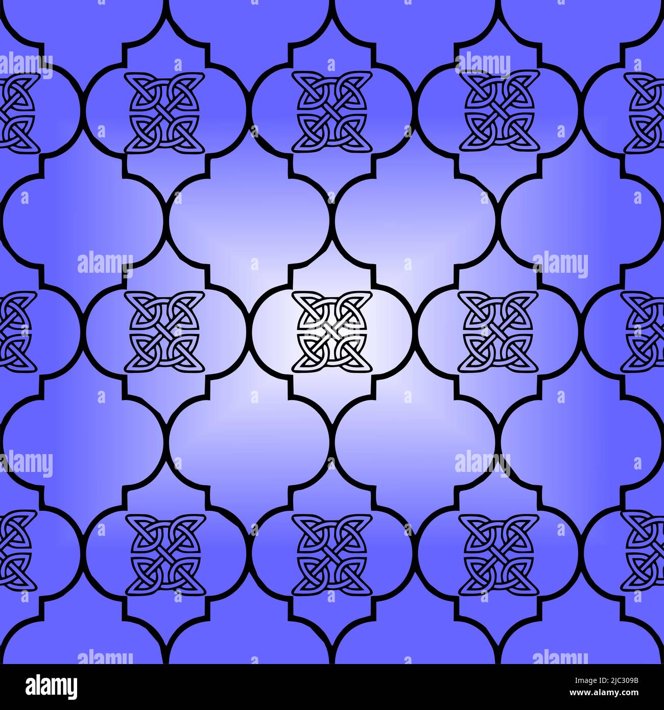 Buschiges schwarzes geometrisches Muster auf blauem Hintergrund, Fliese, symmetrisches Wiederholungsmuster, Textur, Design Stock Vektor