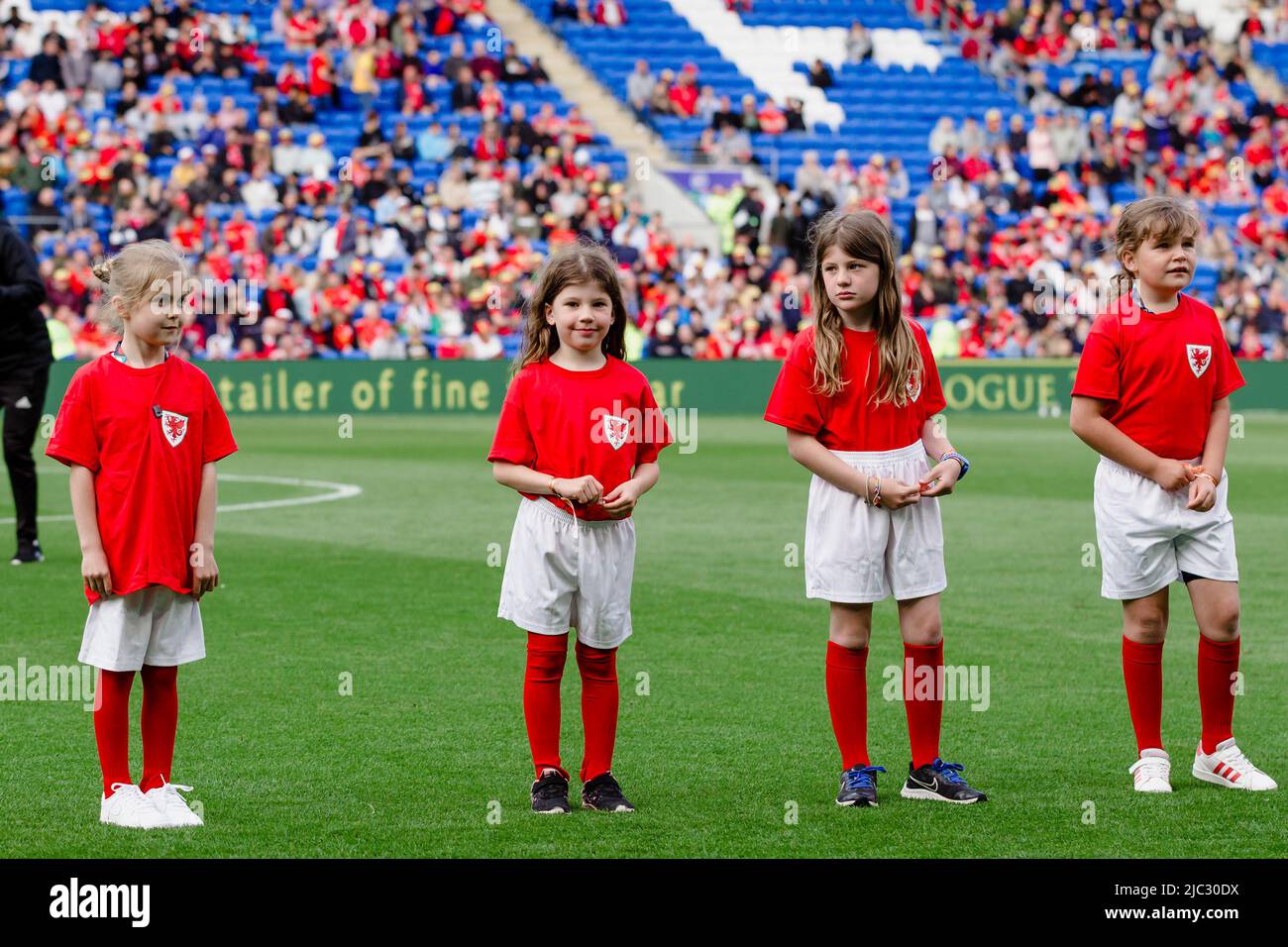 CARDIFF, WALES - 08. JUNI 2022: Maskottchen während der League Ein 2022 Nations League Spiel zwischen Wales und den Niederlanden im Cardiff City Stadium am 8.. Juni 2022. (Bild von John Smith/FAW) Stockfoto