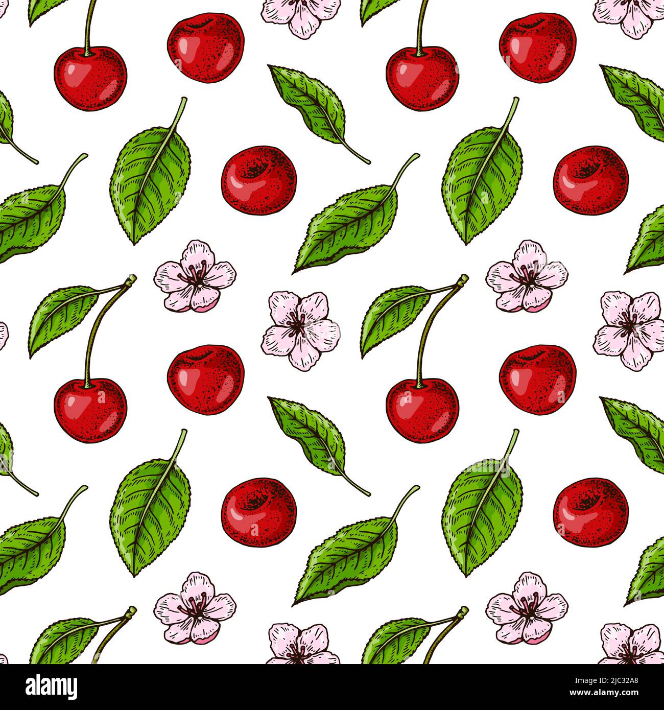 Handgezeichnetes buntes nahtloses Muster mit Kirschbeeren und Blumen. Vektorgrafik im farbigen Skizzenstil Stock Vektor