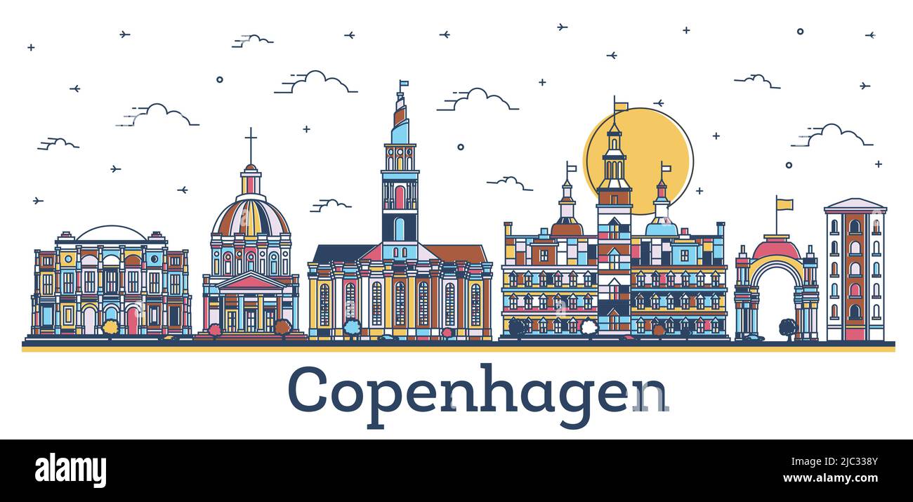 Skizzieren Sie die Skyline von Kopenhagen, Dänemark, mit farbigen historischen Gebäuden, isoliert auf Weiß. Vektorgrafik. Kopenhagener Stadtbild mit Wahrzeichen. Stock Vektor