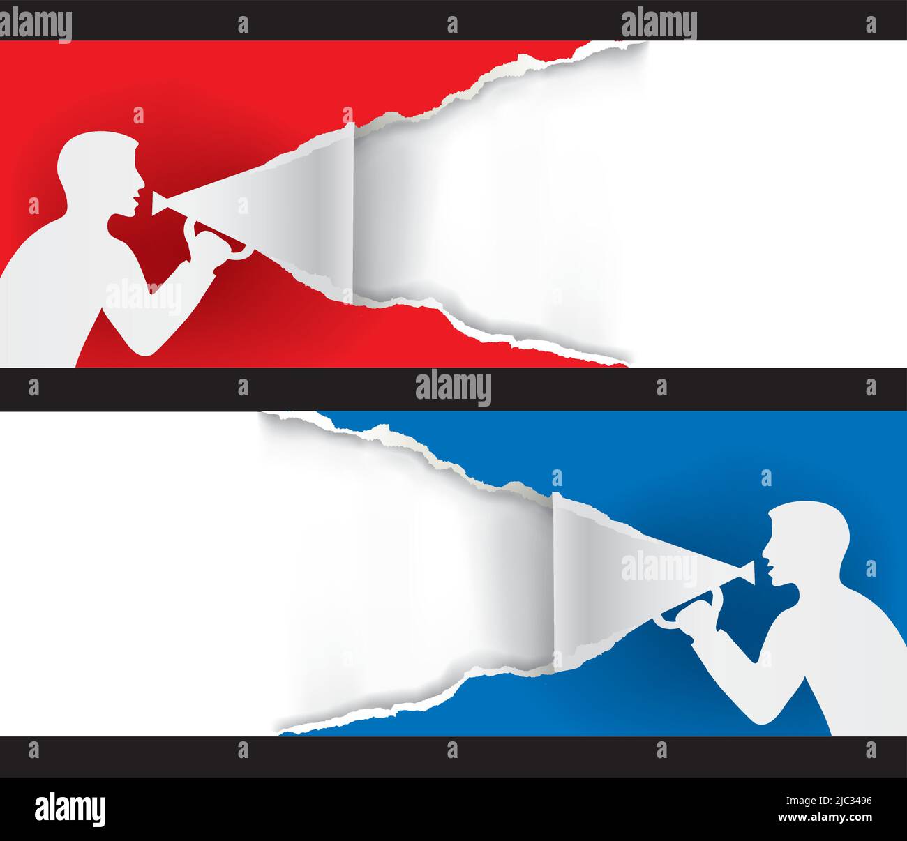 Promotion Mann mit Megaphon rippendes Papier. Illustration von zwei langen Hintergründen mit stilisierter männlicher Silhouette. Vorlage für Werbebanner. Stock Vektor