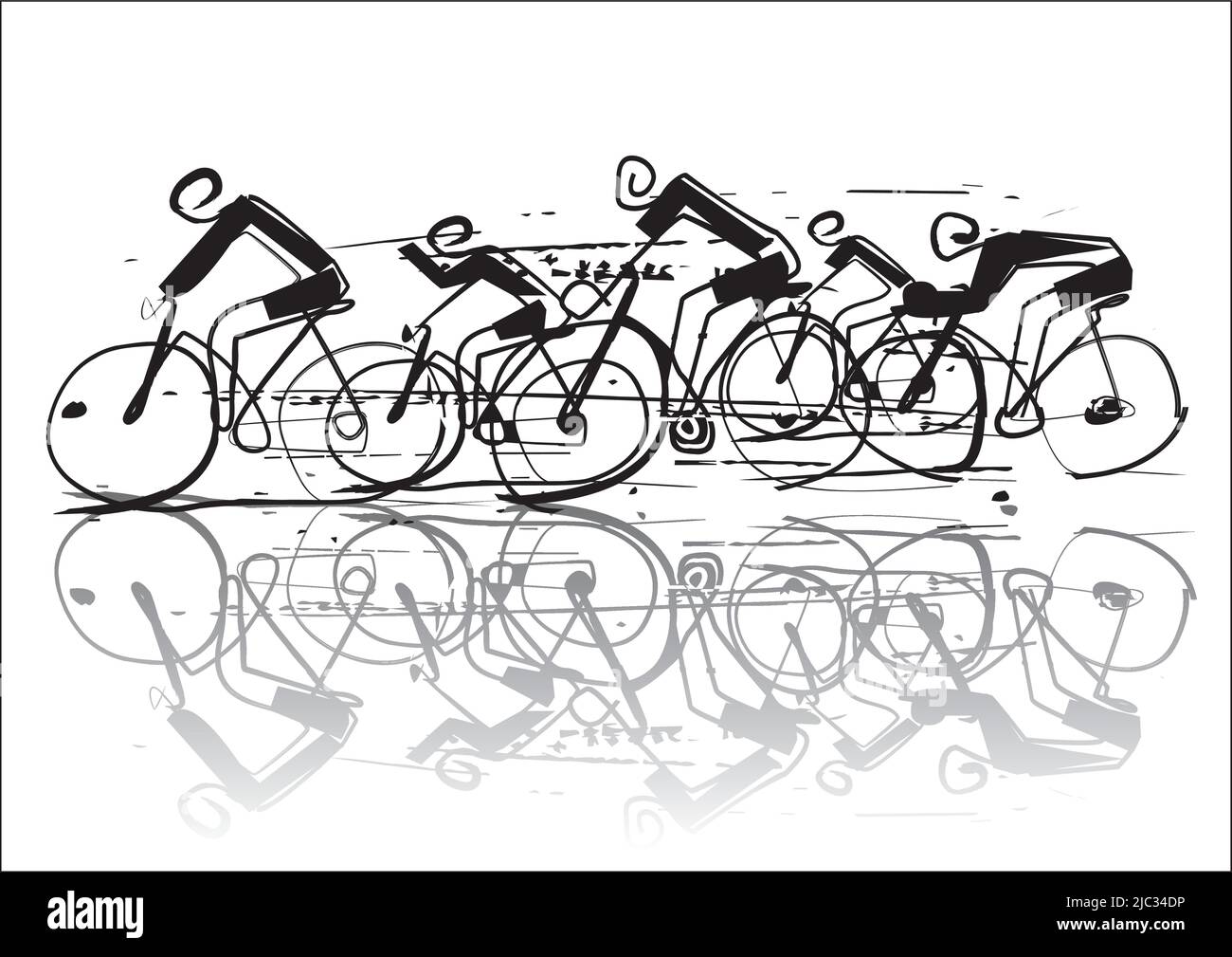 Radrennen im Regen, Linienkunst stilisierte Karikatur. Stilisierte einfache Zeichnung der Gruppe Straßenradfahrer. Vektor verfügbar. Stock Vektor