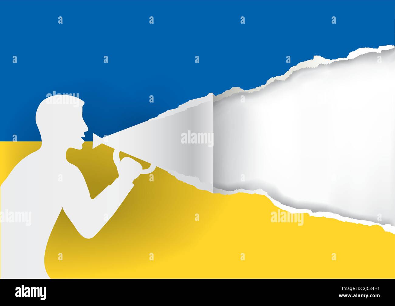 Zerrissener Papiermann mit Megaphon und Papier mit ukrainischen Flaggen-Farben. Vorlage für expressives Banner. Platzieren Sie Ihren Text oder Ihr Bild. Vektor verfügbar. Stock Vektor