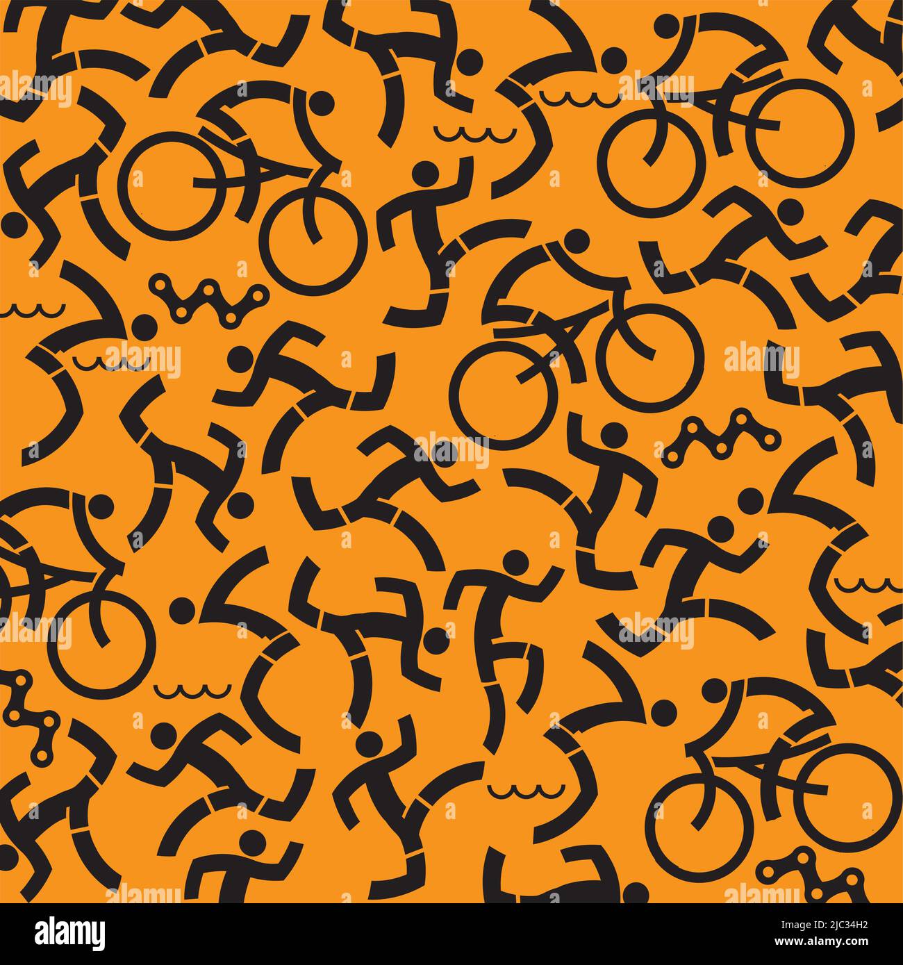 Triathlon-Symbole Hintergrund. Orangefarbener Hintergrund mit schwarzen Symbolen von Triathlon-Athleten. Vektor verfügbar. Stock Vektor