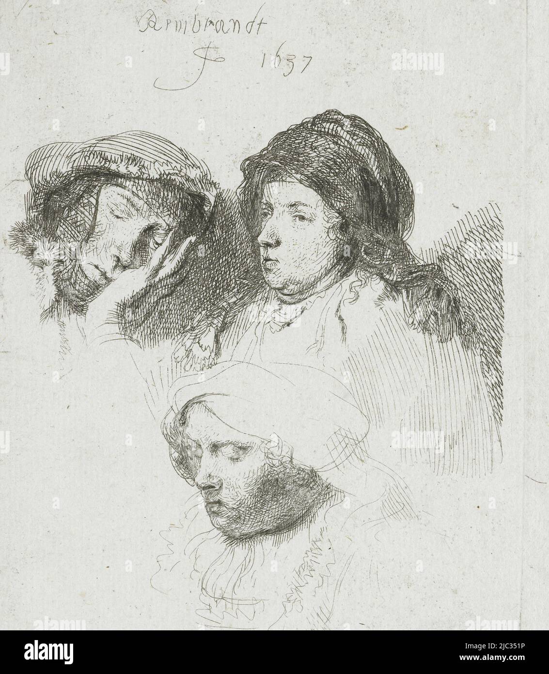 Drei Köpfe von Frauen: Einer schlafend, Druckerei: Rembrandt van Rijn, (erwähnt auf Objekt), Rembrandt van Rijn, 1637, Papier, Ätzung, H 141 mm × B 97 mm Stockfoto