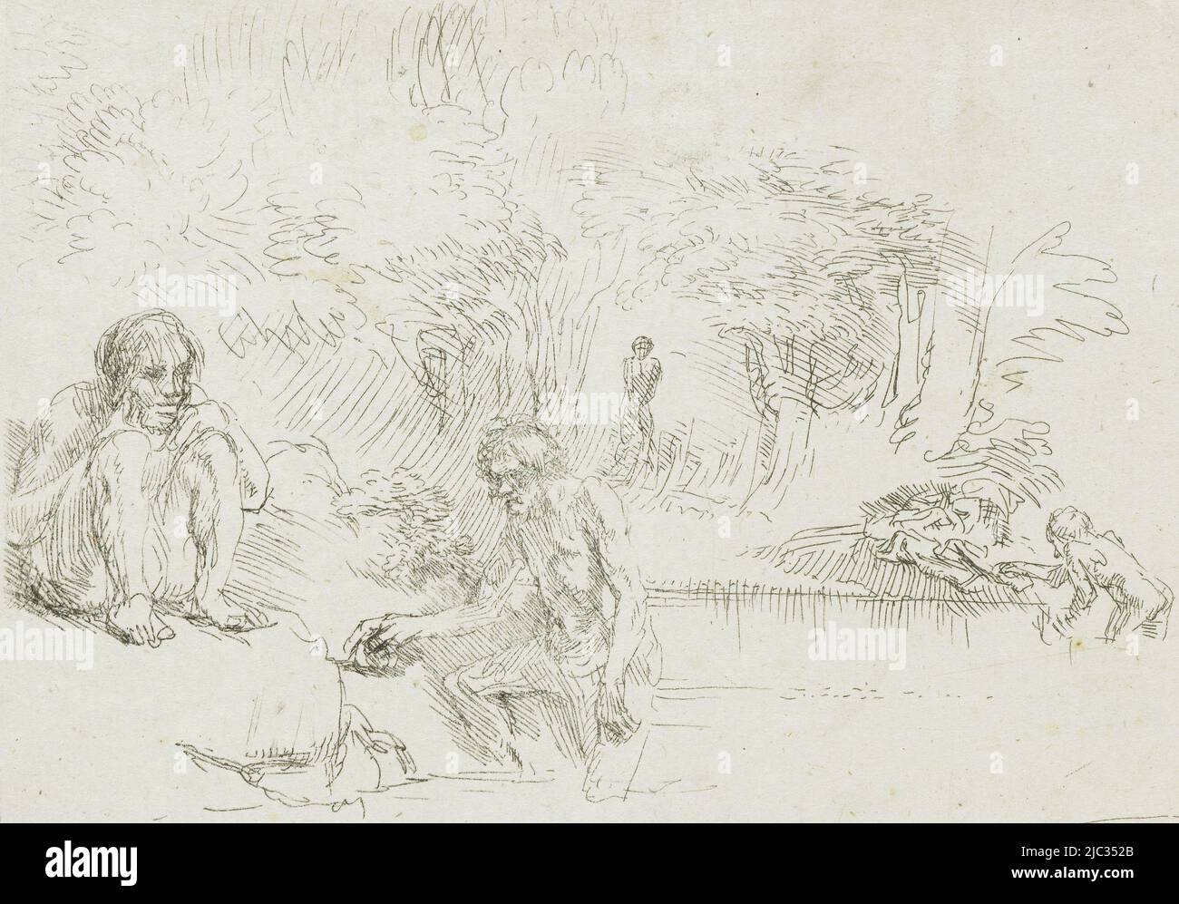 Die Badegäste, Druckerei: Rembrandt van Rijn, (auf Objekt erwähnt), Rembrandt van Rijn, Druckerei: Anonymous, 1651, Papier, Radierung, H 109 mm × B 137 mm Stockfoto