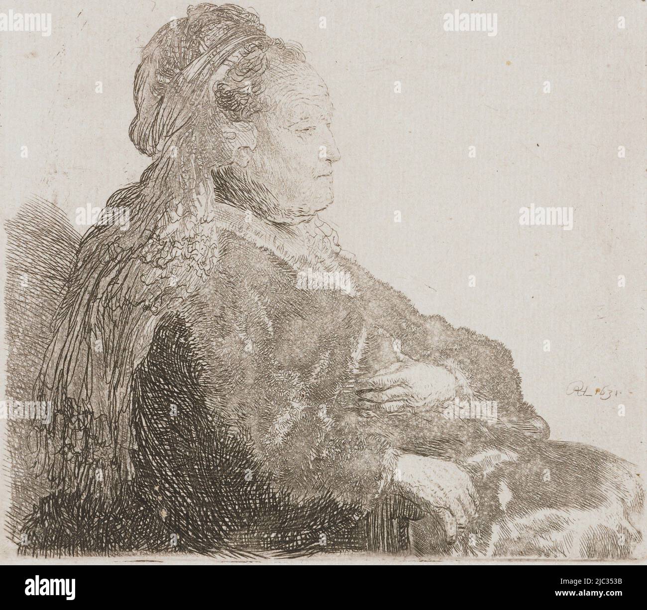 Die Mutter des Künstlers sitzend, in einem orientalischen Kopfschmuck: Halbe Länge, Druckerei: Rembrandt van Rijn, (auf Objekt erwähnt), Rembrandt van Rijn, 1631, Papier, Ätzung, H 145 mm × B 130 mm Stockfoto