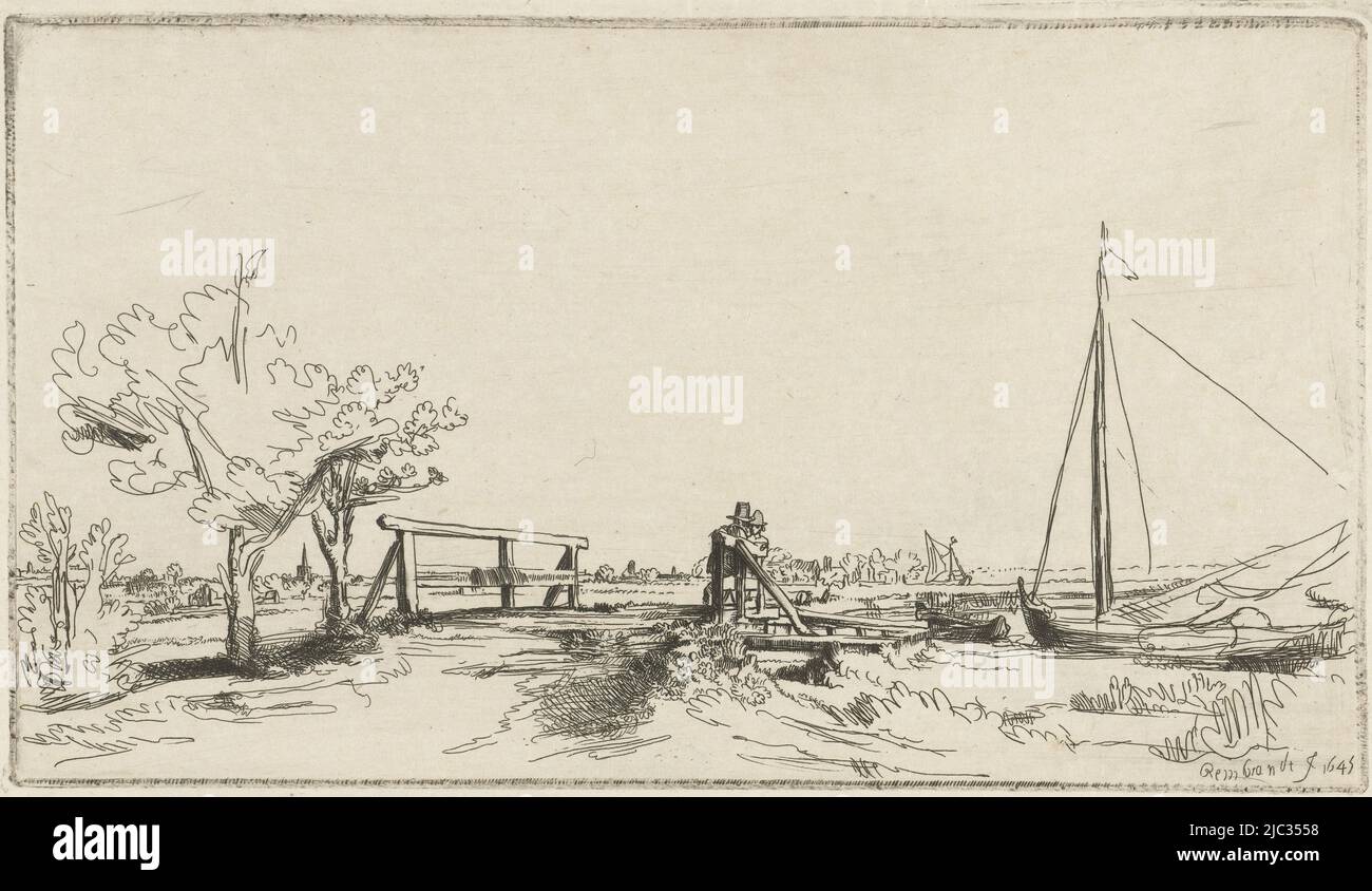 Die sechs Brücke, Druckerei: Ignace-Joseph de Claussin, Rembrandt van Rijn, (auf Objekt erwähnt), 1819, Papier, Ätzung, H 127 mm × B 222 mm Stockfoto