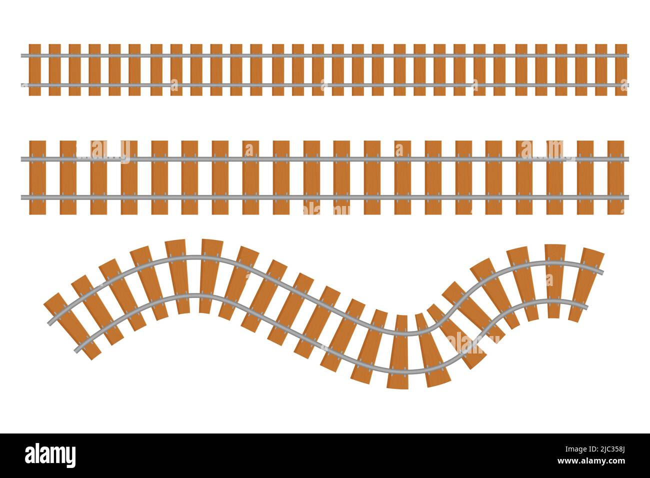Rail Way Kollektion Draufsicht, Zugstraße im Cartoon-Stil isoliert auf weißem Hintergrund. Kurvenlinie einstellen Eisenbahn. . Vektorgrafik Stock Vektor