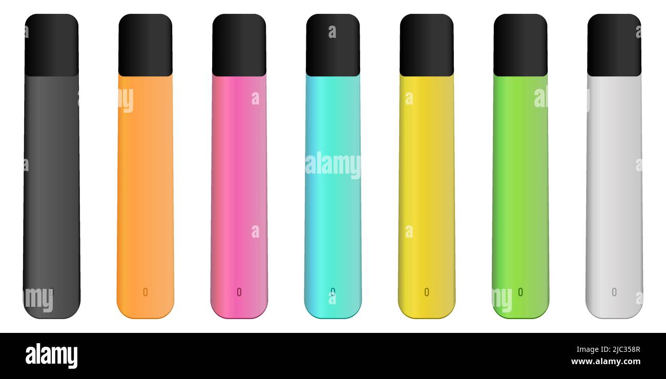 Set von realistischen elektronischen Zigaretten. Farbenfroher Vape Pen Mod. Vektorgrafik Stock Vektor