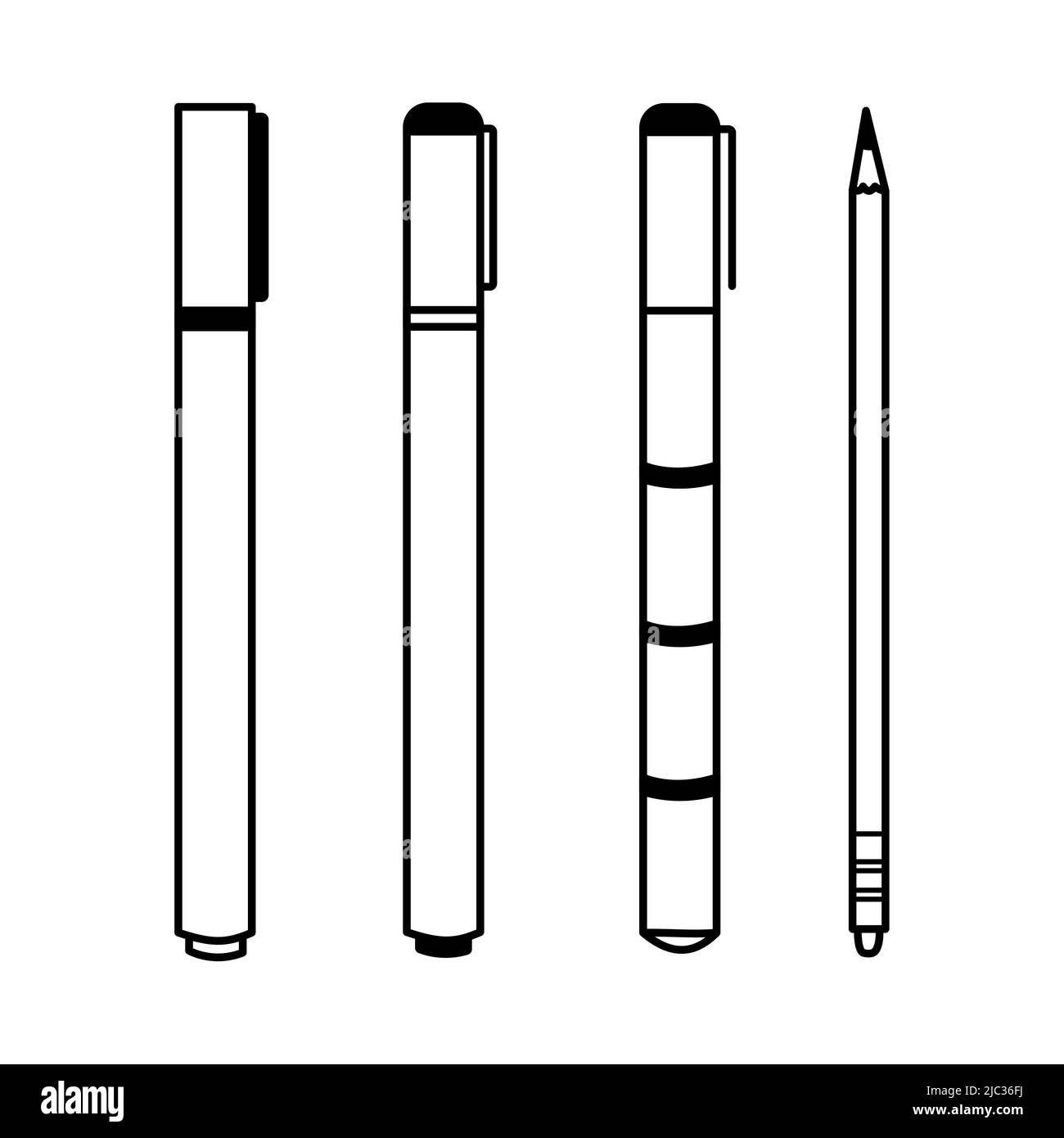 Satz von Zeichenmaterial. Minimalistische Stift-, Marker- und Bleistift-Icon-Kollektion. Handgezeichnete Vektorwerkzeuge für den Schulabschluss Stock Vektor