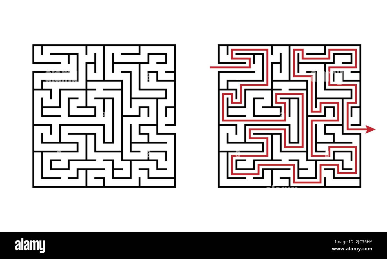 Labyrinth Labyrinth Lernspiel für Kinder mit Lösung. Herausfordernde Puzzle zu üben Kleinkind Logik. Finden Sie den Ausweg Stock Vektor