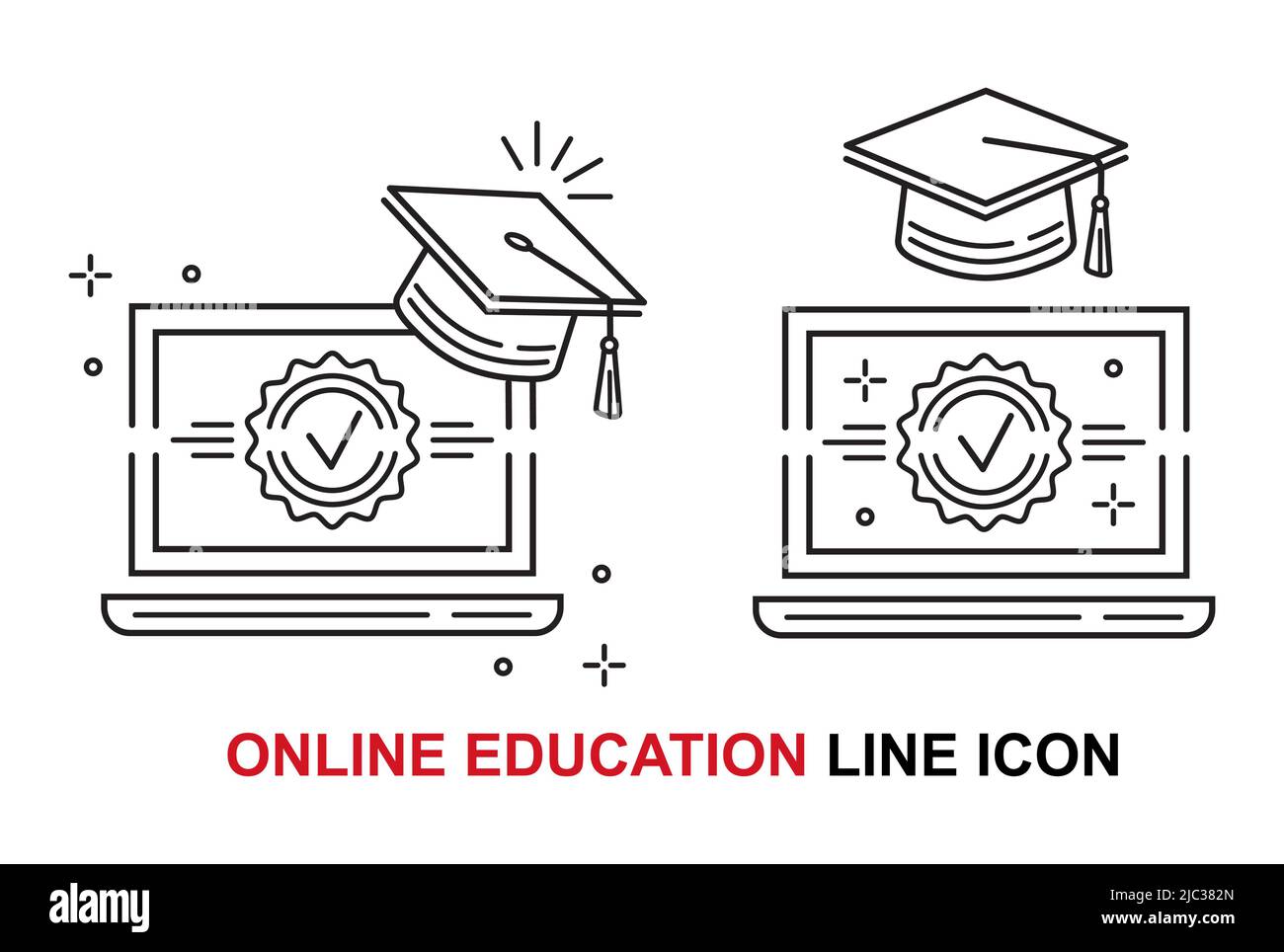 Online-Fernunterricht, Abitur, beenden Internet-Kurs Lernlinie Symbol. Zu Hause lernen, Videounterricht. Laptop mit akademischem Hut. Vektor Stock Vektor