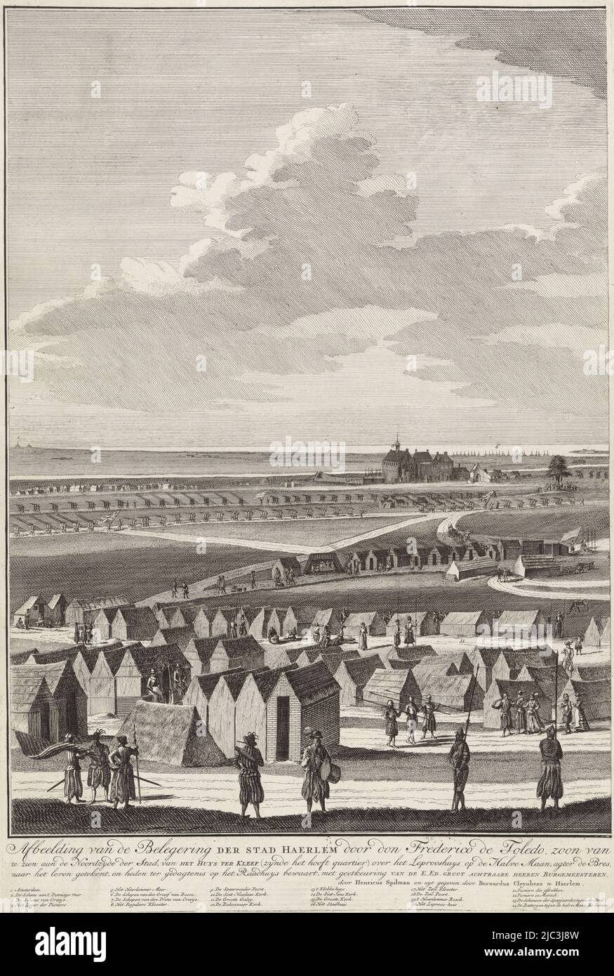 Belagerung der Stadt Haarlem in den Jahren 1572-1573 durch die Spanier unter Fadrique Alvarez de Toledo (Don Frederic), Sohn des Herzogs von Alva. Große Darstellung mit Blick auf die Stadt aus dem Norden, im Druck nach einer zeitgenössischen Zeichnung in drei Blättern, von denen dies das linke Blatt ist. Unten die Darstellung der Titel und Legenden 1-35 auf Niederländisch und Französisch, Belagerung von Haarlem, 1572-1573 (linke Seite) Illustration der Belagerung der Stadt Haerlem von Don Frederico de Toledo, Sohn des Herzogs von Alva in den Jahren 1572 und 1573, Zu sehen auf der Nordseite der Stadt, von der Huys ter Stockfoto
