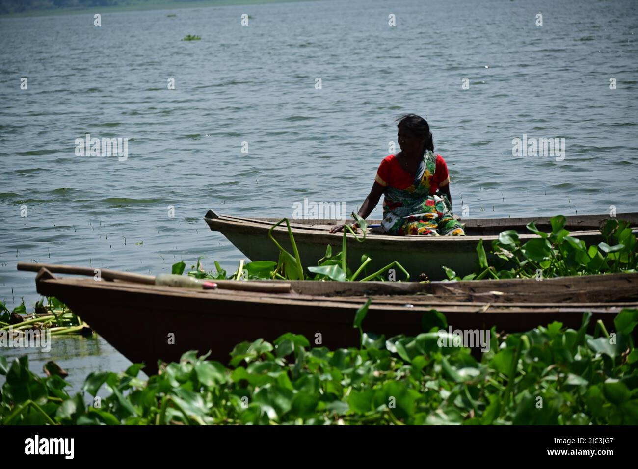 lady Einstellung auf Holzboot Stockfoto