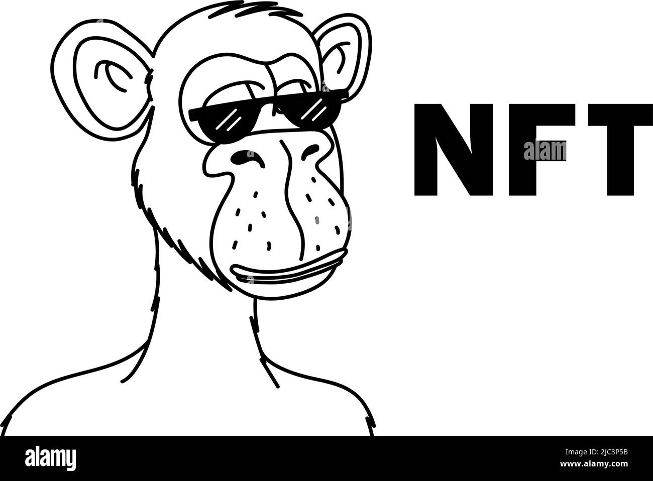 Gelangweilter Affe in Sonnenbrille NFT isoliert auf weißem Hintergrund. Nicht fungible Token Blockchain Monkey Vektor Illustration im Skizzenstil Stock Vektor