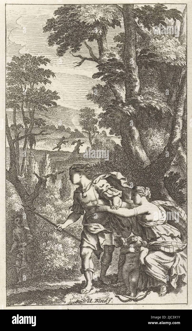 Ein Hirte und eine Hirtin sitzen unter einem Baum. Der Hirte will gehen