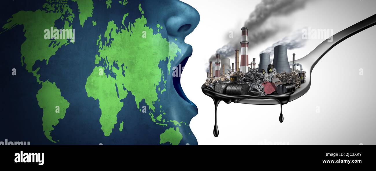 Globales Verschmutzungskonzept mit fossilen Brennstoffen und toxischen Industrieabfällen, da der Planet Erde Erdöl und verschmutzte, verschmutzte Energie frisst. Stockfoto