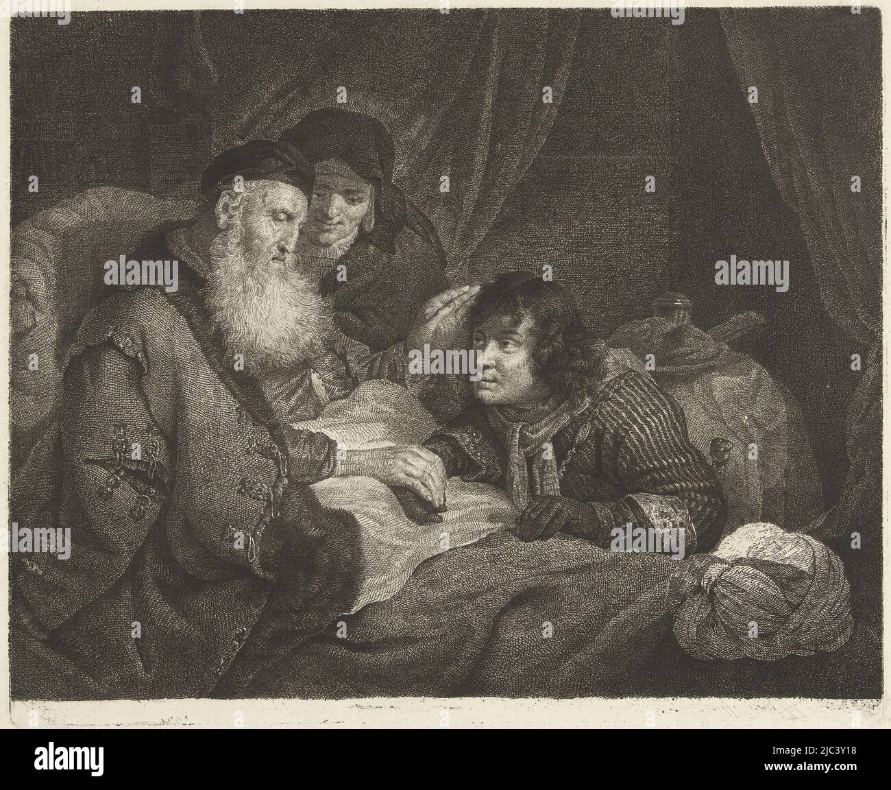 Der alte Isaak sitzt im Bett und den knienden Jakob. Schräg