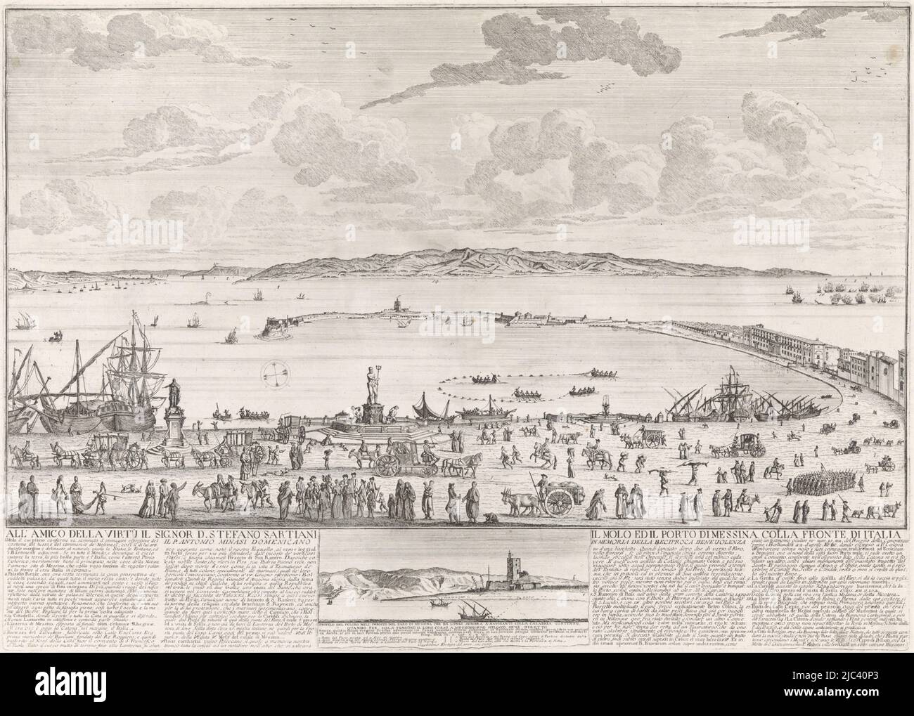 Blick auf einen Kai in Messina, Sizilien. In der Mitte ein Brunnen mit einer Statue von Neptun, links eine Statue eines Monarchen. Am Kai eine Menge Menschen aus allen Gesellschaftsschichten, mit Autofahren und Fahrzeugen dazwischen. Unterhalb der Darstellung in der Mitte ein kleiner Blick auf den Leuchtturm von Messina. Unten, neben dieser kleinen Darstellung, eine Legende auf Italienisch. Oben rechts: VII., Blick auf den Hafen und die Schifffahrtsstraße von Messina., Druckerei: Willem Fortuyn, (auf Objekt erwähnt), Willem Fortuyn, (auf Objekt erwähnt), Amsterdam, 1777, Papier, Radierung, Gravur, H 429 mm × B 601 mm Stockfoto