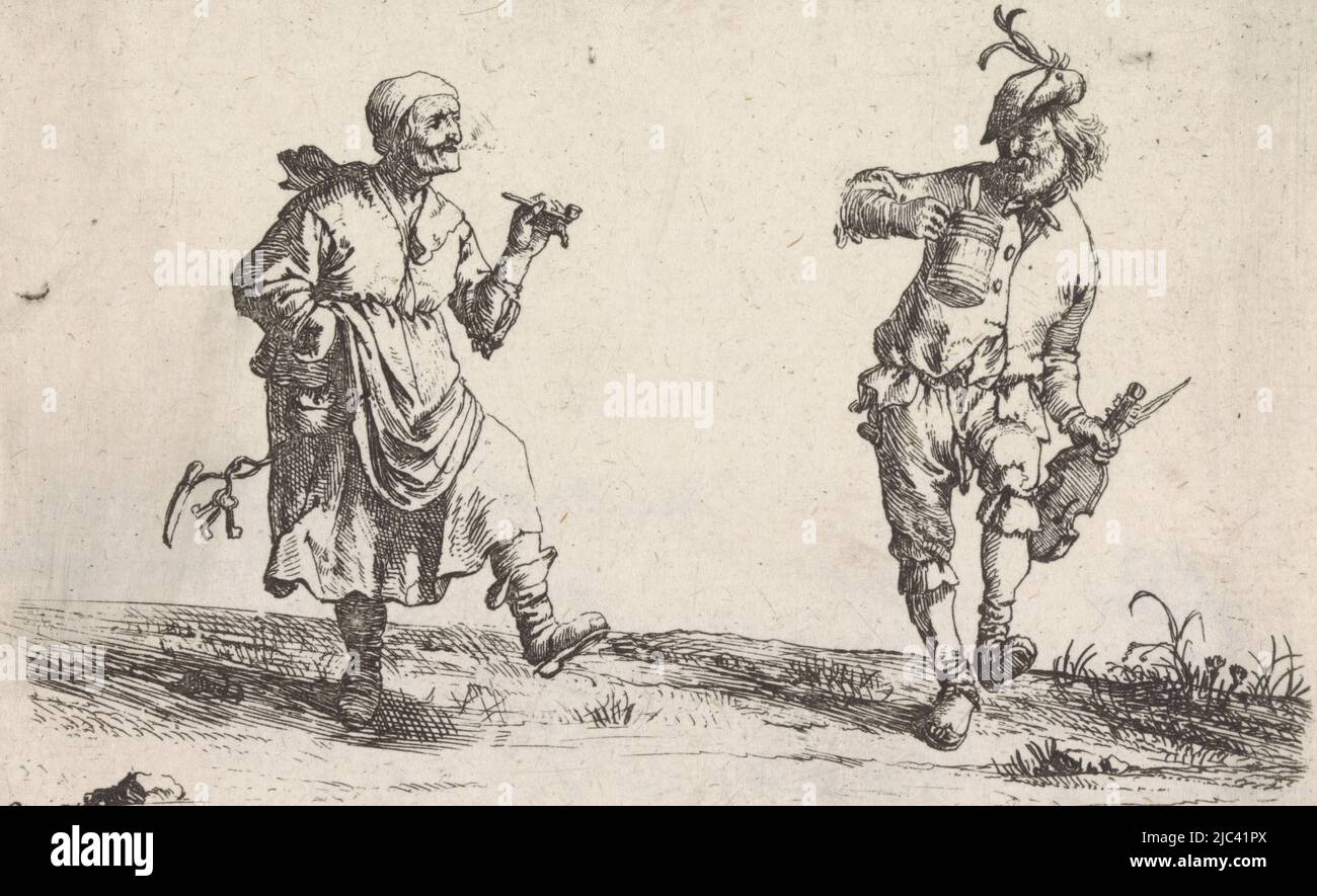 Eine Bauernfrau und ein Bauer tanzen Seite an Seite im Gras. Die Frau des Bauern raucht eine Pfeife und hat einen Haufen Schlüssel und ein Messer, das an ihrer Robe hängt. Der Bauer hält in der einen Hand einen Trinkkrug und in der anderen eine Geige. Print ist Teil einer Serie mit Szenen aus dem bäuerlichen Leben, tanzenden Bauern und Bauernfrauen Szenen aus dem bäuerlichen Leben (Serientitel)., Druckerei: Pieter Nolpe, (erwähnt auf Objekt), Pieter Jansz. Quast, Amsterdam, 1623 - 1653, Papier, Radierung, Gravur, H 79 mm × B 120 mm Stockfoto