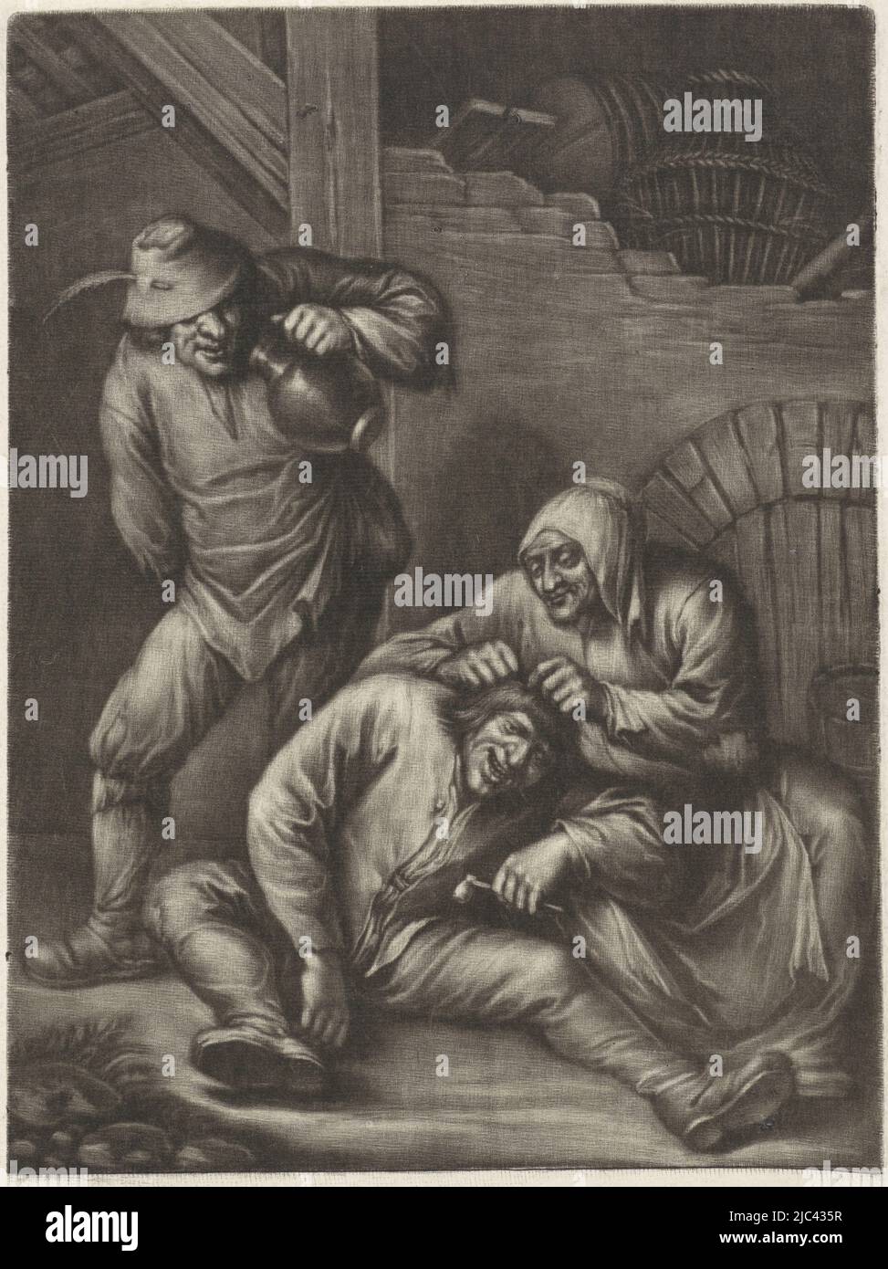In einer Scheune ist eine Frau damit beschäftigt, Läuse aus den Haaren eines pfeifenrauchenden Mannes zu entfernen. Ein trinkender Mann schaut zu, Eine Frau hört einem Mann zu, Druckerei: Jan van Somer, nachher: Willem Basse, 1655 - 1700, Papier, H 250 mm × B 168 mm Stockfoto