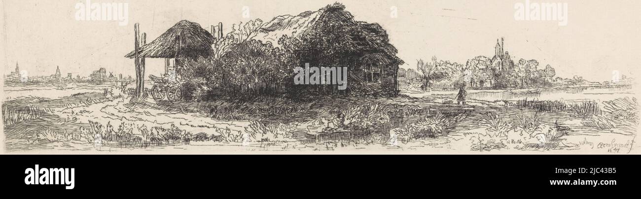 Landschaft mit Bauernhaus und Heuhaufen, Druckerei: Elias stark, (vom Künstler signiert), Rembrandt van Rijn, (auf Objekt erwähnt), Nieuwer-Amstel, Jun-1886, Papier, Radierung, H 134 mm × B 322 mm Stockfoto