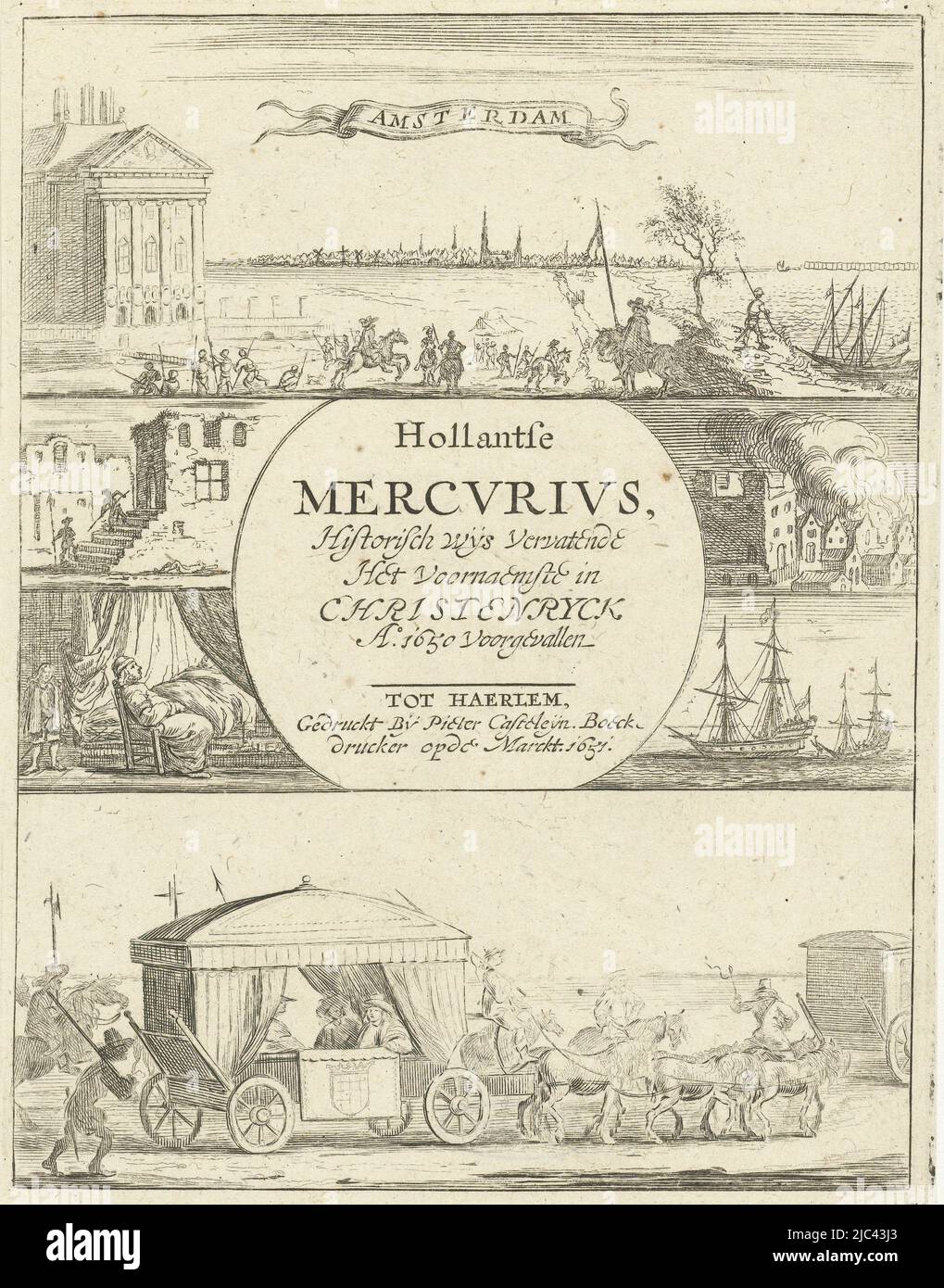 Verschiedene Veranstaltungen in Europa im Jahr 1650 mit Blick über eine Stadt und die Überschrift Amsterdam und darunter eine Kutsche von einer Quadriga von Pferden gezogen, verschiedene Veranstaltungen in Europa im Jahr 1650 Titelseite für: Hollantse Mercurius, Historisch wijs vervatende het voornaemste in Christenryck Ao 1650 voorgevallen, Haarlem Hollantse Mercvrivs, Historisch wijs vervatende het voornaemste in Christenryck Ao 1650 voorgevallen (Titel auf Objekt), Druckerei: Dirck de Bray, (zugeschrieben), Verleger: Pieter auf Objekt, Hersteller: Niederlande, Verlag: Haarlem, 1651, Papier, Radierung Stockfoto