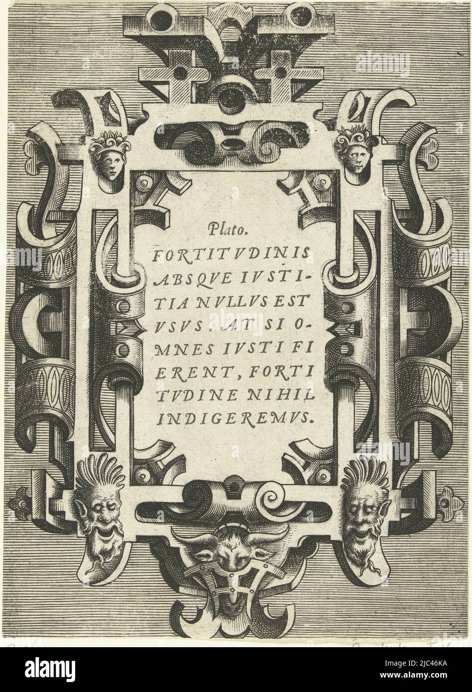 Zitat: FORTITVDINIS ABSQVE IVSTITIA NVLLVS EST VSUS.... in Kartusche. Oben links und rechts sind kleine Maurer. Unten hängen Maskaronen in Form eines Satyr-Kopfes mit Bart. Schattierter Hintergrund. Aus einer Reihe von Titelblättern und 12 Kartuschen mit Zitaten klassischer Schriftsteller in einem Rahmen von Rollarbeiten mit Grotesken, Maskaronen und Girlanden, Kartusche mit einem Zitat von Plato Variarum protractionum (...) (Serientitel), Druckerei: Frans Huys, Hans Vredeman de Vries, Verlag: Gerard de Jode, Niederlande, (möglicherweise), 1555, Papier, Ätzung, H 179 mm × B 132 mm Stockfoto