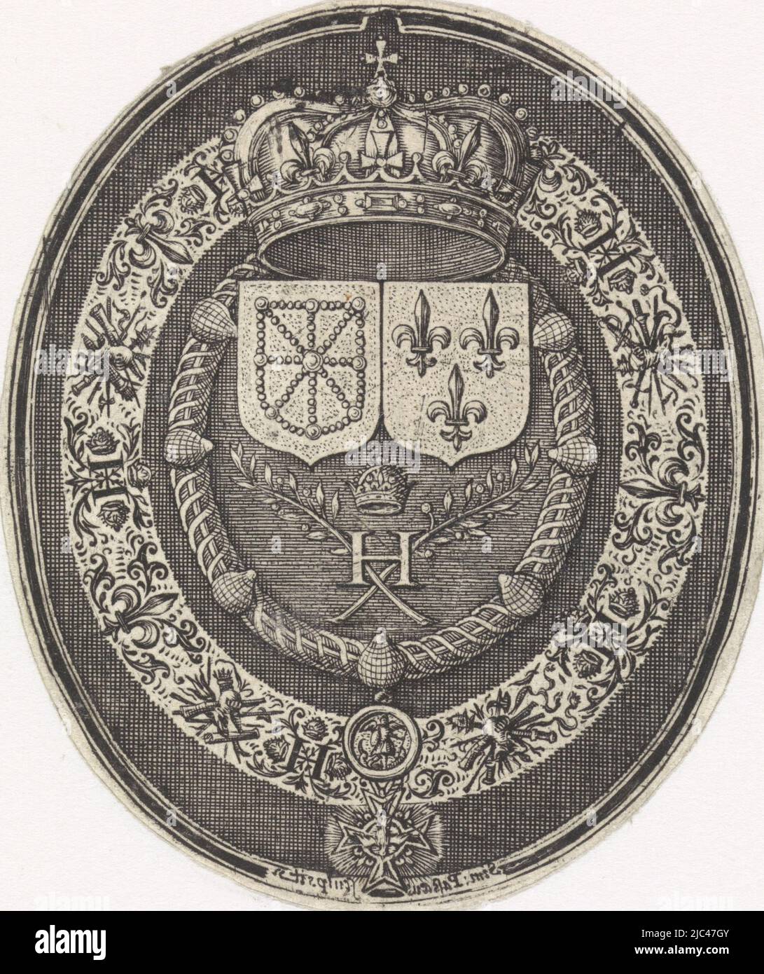 Medaillon mit dem Wappen von Frankreich und Navarra. Auf der Vorderseite der Medaille das Doppelporträt von Heinrich IV. Und Maria de' Medici., Wappen von Frankreich und Navarra, Druckerei: Simon van de Passe, (auf Objekt erwähnt), unbekannt, 1605 - 1647, Papier, Gravur, H 66 mm × B 55 mm Stockfoto