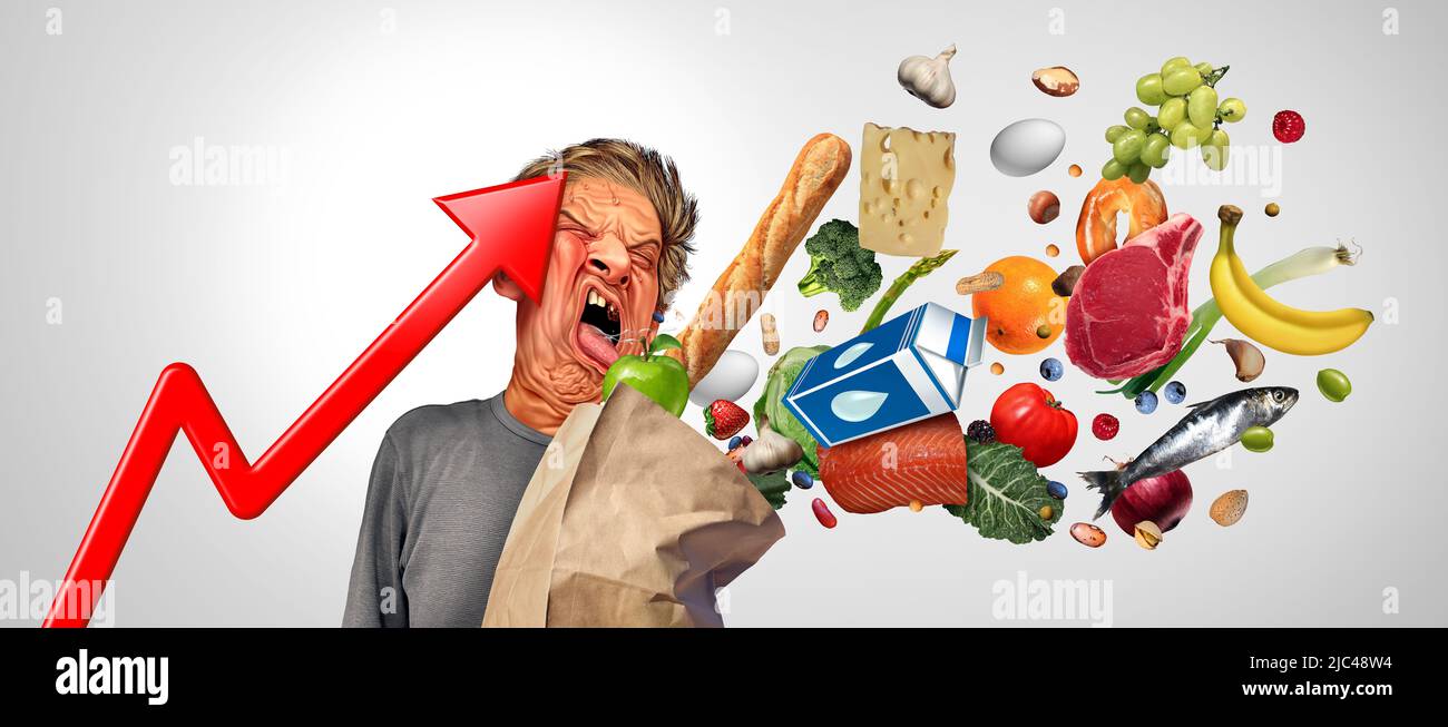 Die Verbraucherinflationsschmerzen und die steigenden Lebensmittelkosten oder die steigenden Lebensmittelpreise für Supermarktlebensmittel als Konzept der Finanzkrise. Stockfoto