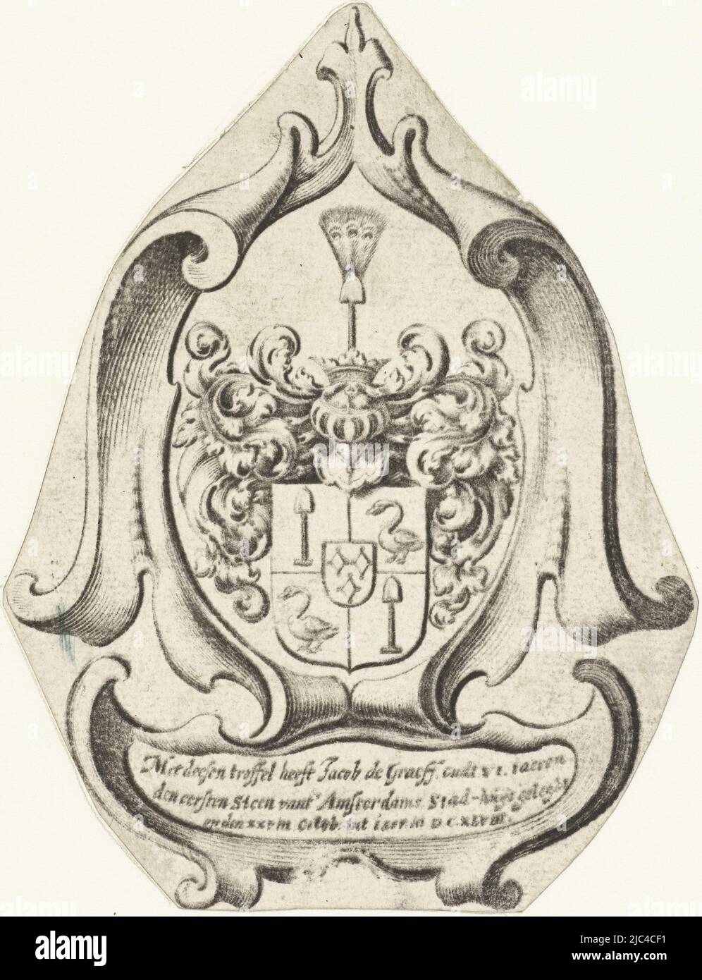 Gegendruck eines Bildes auf der Rückseite einer der silbernen Kellen, mit denen am 28. Oktober 1648 der erste Stein des Rathauses in Amsterdam verlegt wurde, von Jacob, Sohn des Bürgermeisters Cornelis de Graeff., Labyrinth mit Wappen der Familie De Graeff mit dieser Kelle legte der VI-jährige Jacob de Graeff am 28. Oktober 1648 den ersten Stein des Amsterdamer Rathauses. , Johannes Lutma (1584-1669), Druckerei: Anonymous, Amsterdam, Druckerei: Niederlande, (Möglicherweise), 1648, Papier, Gravur, H 115 mm × B 87 mm Stockfoto