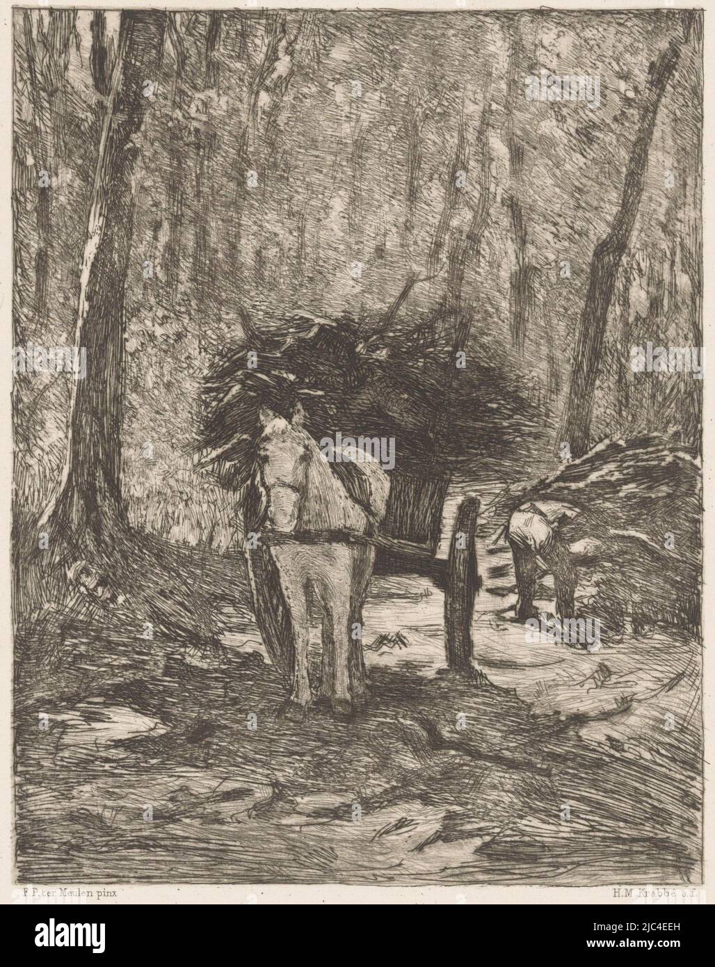 Auf einem Waldweg steht ein Pferd und ein Wagen, beladen mit Holz. Rechts ein umgekrümmter Mann nimmt Äste vom Boden auf., im Wald (Originaltitel auf Objekt), Druckerei: Heinrich M. Krabbé, (erwähnt auf Objekt), nach: François Pieter ter Meulen, (erwähnt auf Objekt), Drucker: J. Bouwens, Brüssel, 1878 - 1889, Papier, Radierung, H 217 mm × B 147 mm Stockfoto