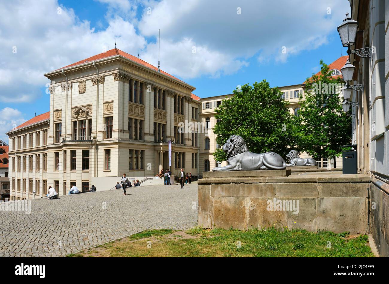 Löwengebäude und Melanchthonianum, Universität Halle-Wittenberg, Universitaetsplatz, Halle an der Saale, Sachsen-Anhalt, Deutschland Stockfoto