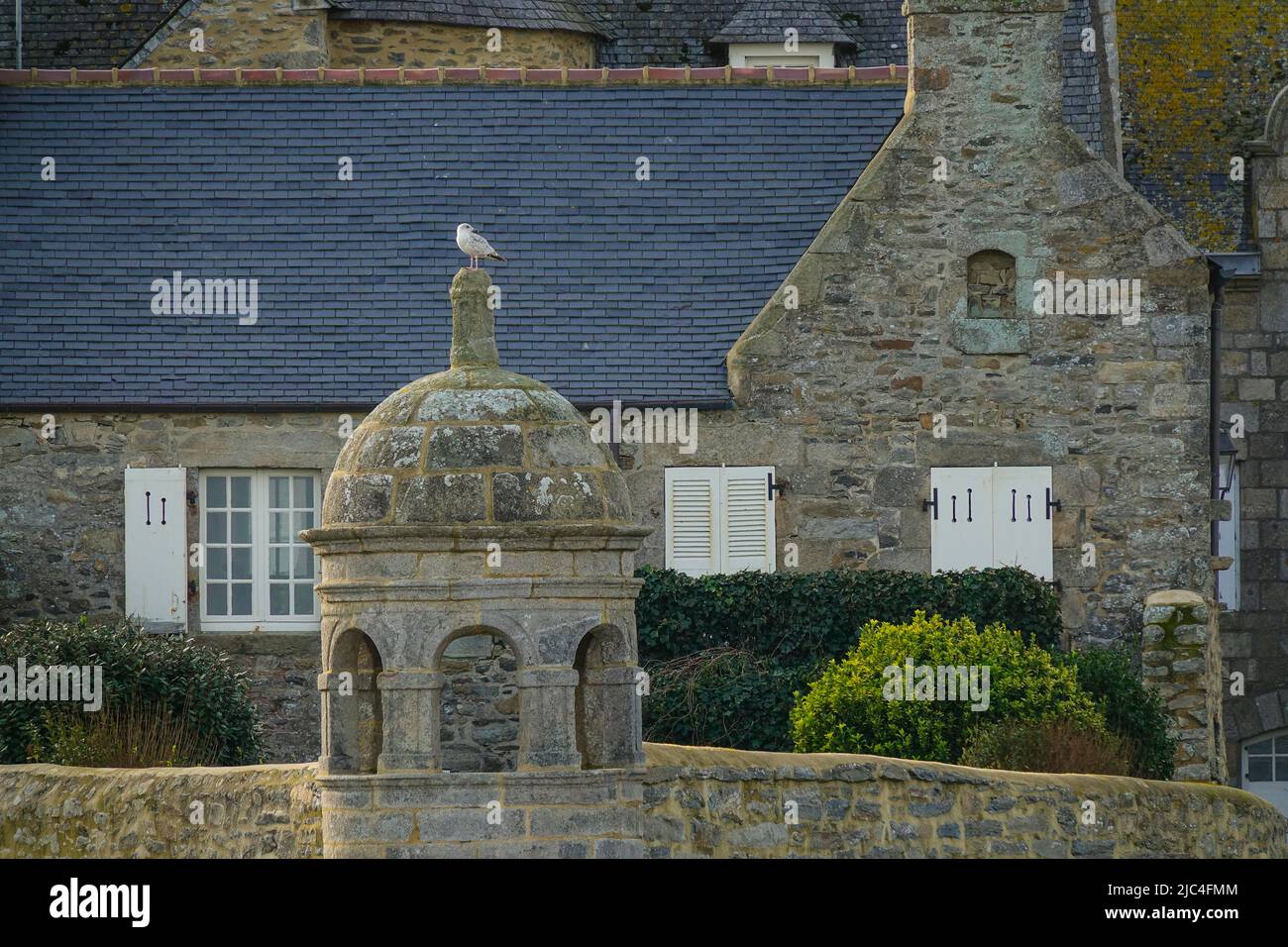 Kapelle Saint-Ninien und alte Wohnungen im Hafen von Roscoff, Abteilung Finistere Penn ar Bed, Region Bretagne Breizh, Frankreich Stockfoto