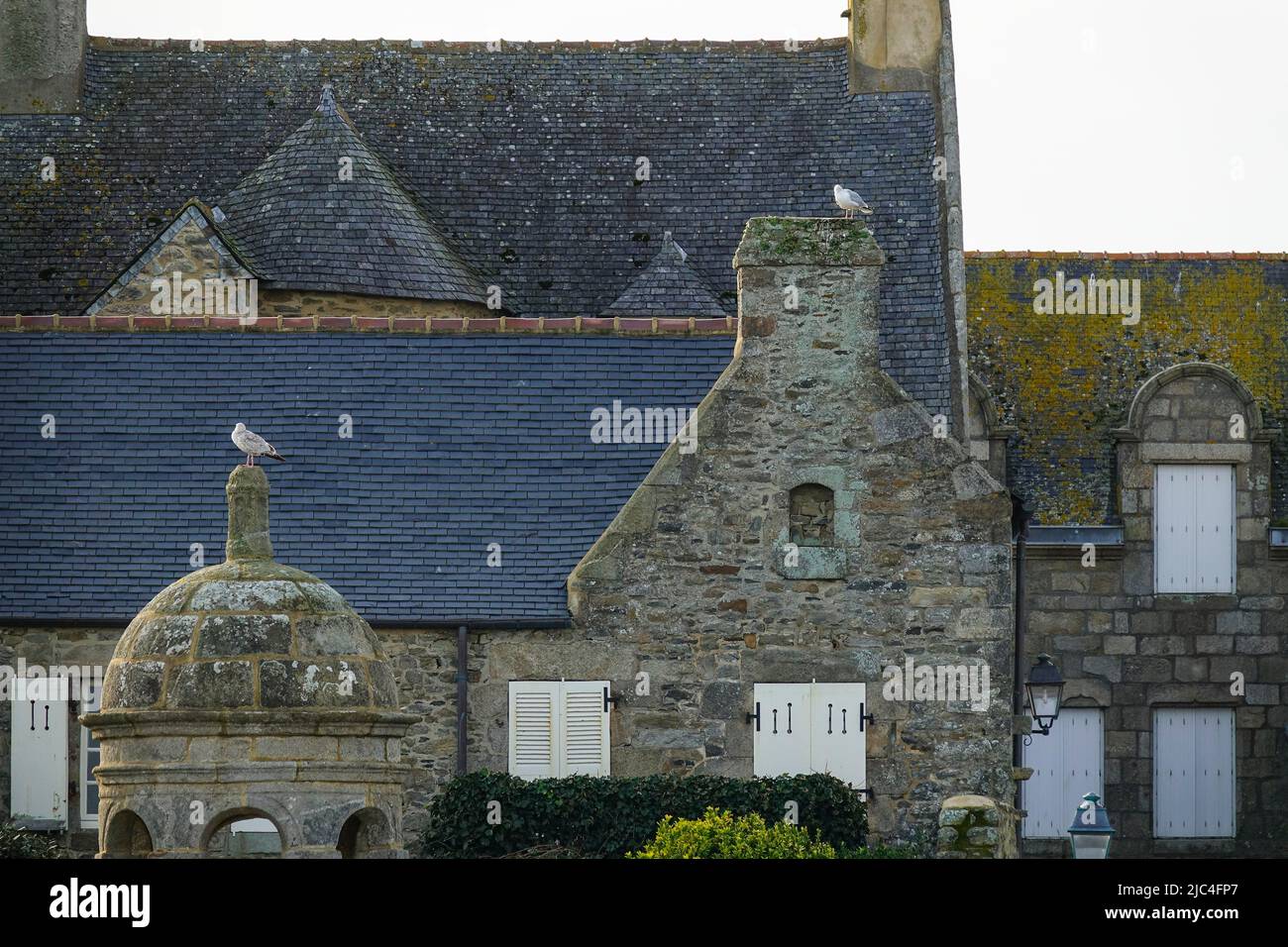 Kapelle Saint-Ninien und alte Wohnungen im Hafen von Roscoff, Abteilung Finistere Penn ar Bed, Region Bretagne Breizh, Frankreich Stockfoto
