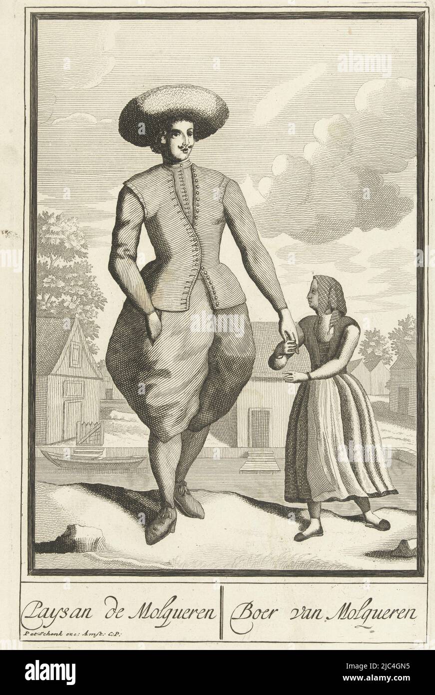 Ein Bauer aus Molkwerum steht mit einem Mädchen vor einem Kanal. Die Farmerin trägt eine weite Hose und einen großen runden Hut, das Mädchen hat ein Tuch auf dem Kopf. Druck aus einer Serie von Drucken nach Pieter van den Berge mit Dorfbewohnern in traditionellen Kostümen, Farmer aus Molkwerum Paysan de Molqueren / Farmer aus Molqueren Niederländische Trachten nach Pieter van den Berge (Serientitel), Pieter van den Berge, Druckerei: Anonym, Verlag: Pieter Schenk (I), (auf Objekt erwähnt), Amsterdam, in oder vor 1689 - 1713, Papier, Radierung, H 265 mm × B 173 mm Stockfoto