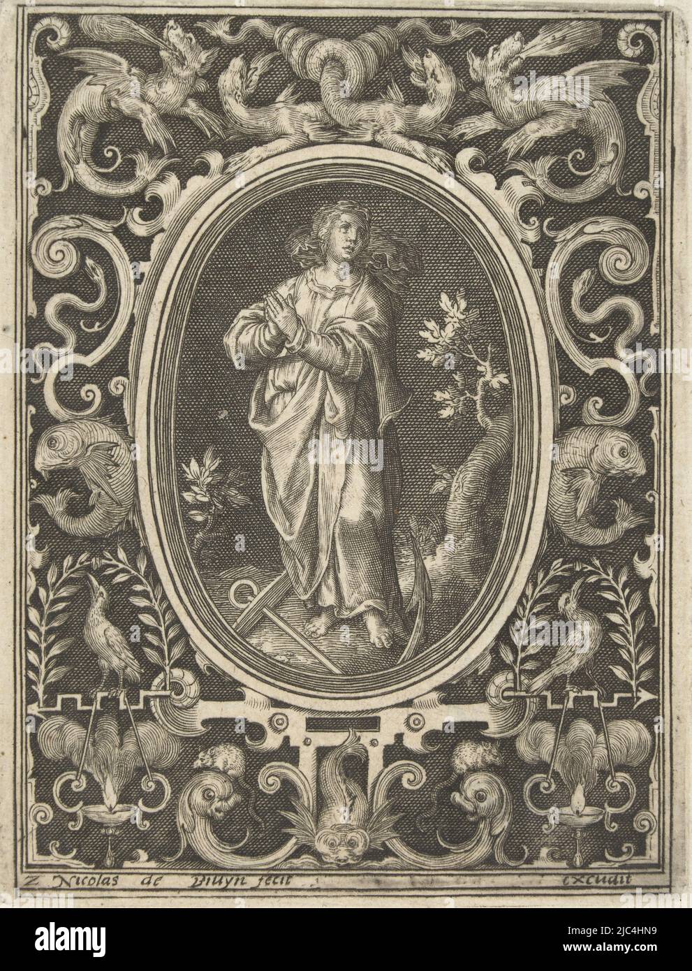 Blatt 2 der Serie von 4 nummerierten Blättern mit flachen Verzierungen. Spes, Personifizierung der Hoffnung, im Oval stehend. Im Rahmen oben Mitte vier Drachen, zwei mit ineinander verdrehten Schwänzen. Schattierter Hintergrund, Flugzeug Dekoration mit Spes Flugzeug Dekorationen. Ovale mit vier Tugenden in einem Rahmen von Grotesken mit Tieren (Serientitel)., Druckerei: Nicolaes de Bruyn, (auf Objekt erwähnt), Nicolaes de Bruyn, Verlag: Frederik de Wit, Druckerei: Niederlande, Verlag: Amsterdam, 1639 - 1706, Papier, Gravur, H 111 mm × B 83 mm Stockfoto