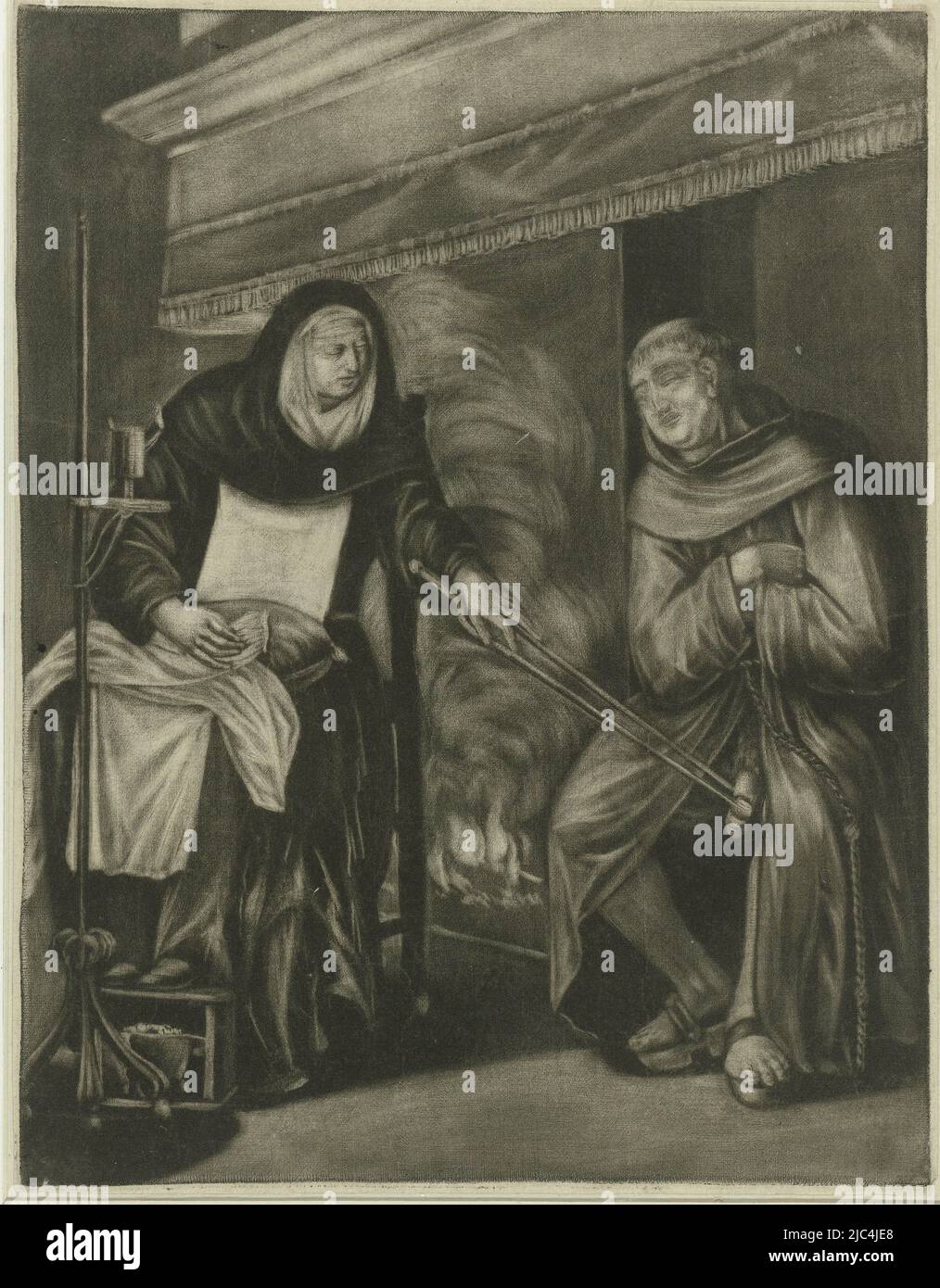 Nonne greift schlafenden Mönch mit Haarzangen an seinen Genitalien, schlafender Mönch, der von Nonne mit Haarzangen aufgeweckt wird, Druckerei: Jan van Somer, 1655 - 1699, Papier, H 242 mm × B 187 mm Stockfoto