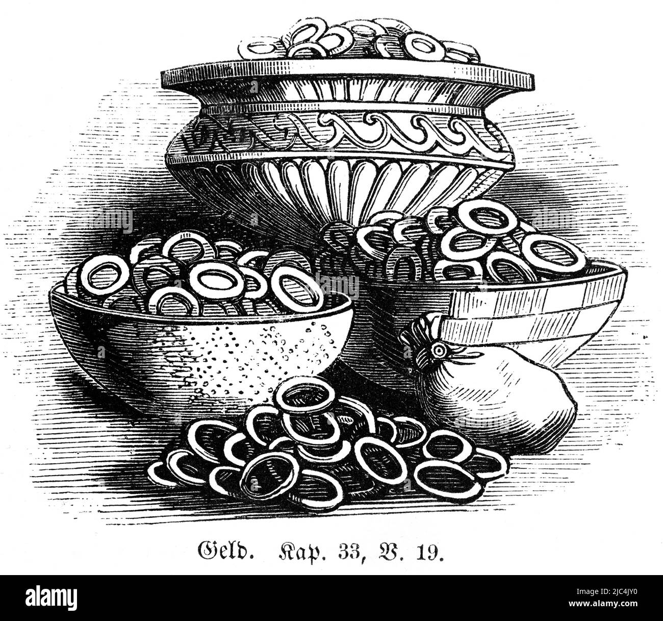 Geld, Münzen, hundert Groschen, kaufen, Feld, Hemor, Sichem, Schüsseln, Tasche, voll, Die Grünewald Bibel, Altes Testament, Erstes Buch Mose, Kapitel 33, Vers 19 Stockfoto