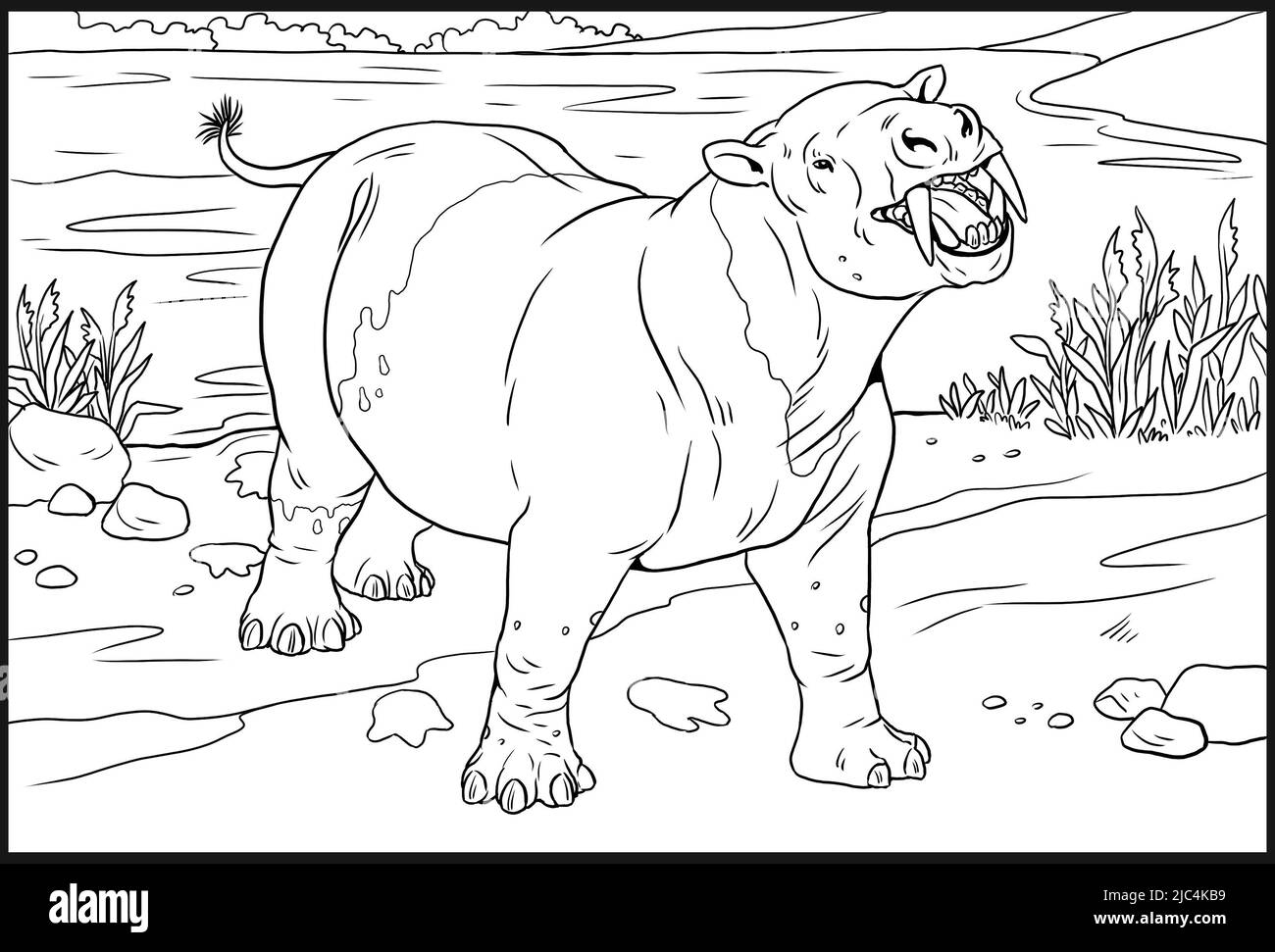 Prähistorische Tiere - Coryphodon. Zeichnung mit ausgestorbenen Tieren. Vorlage für das Ausmalen. Stockfoto