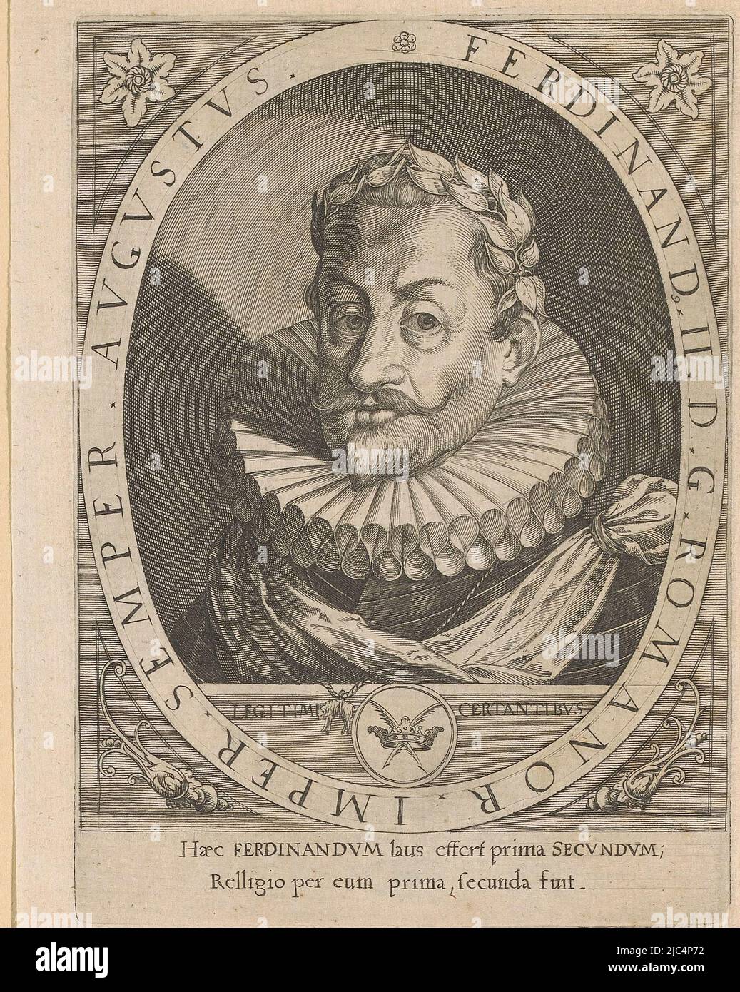 Eine mit zwei Stiften durchbohrte Krone unter dem Porträt. Mit lateinischer Bildunterschrift, Portrait Ferdinand II. Ferdinandi I. II. III IV (Serientitel), Druckerei: Johann Caspar Dooms, Franciscus de Bruyn, Praag, 1650, Papier, Gravur, H 162 mm - B 118 mm Stockfoto