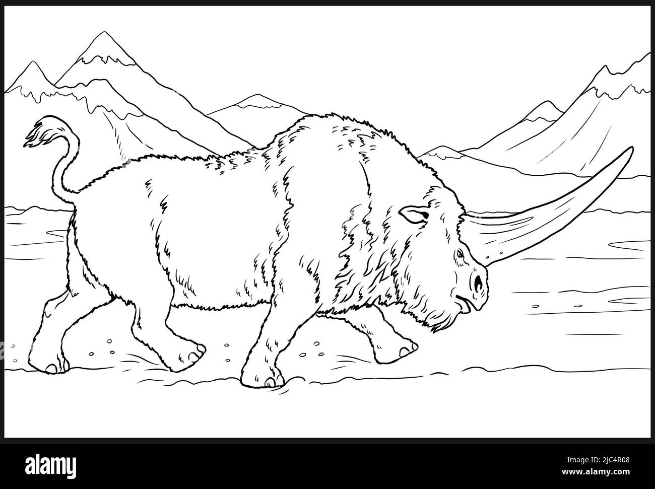 Prähistorisches Nashorn-Elasmotherium. Zeichnung mit ausgestorbenen Säugetieren. Silhouette Zeichnung für zum ausmalen. Stockfoto