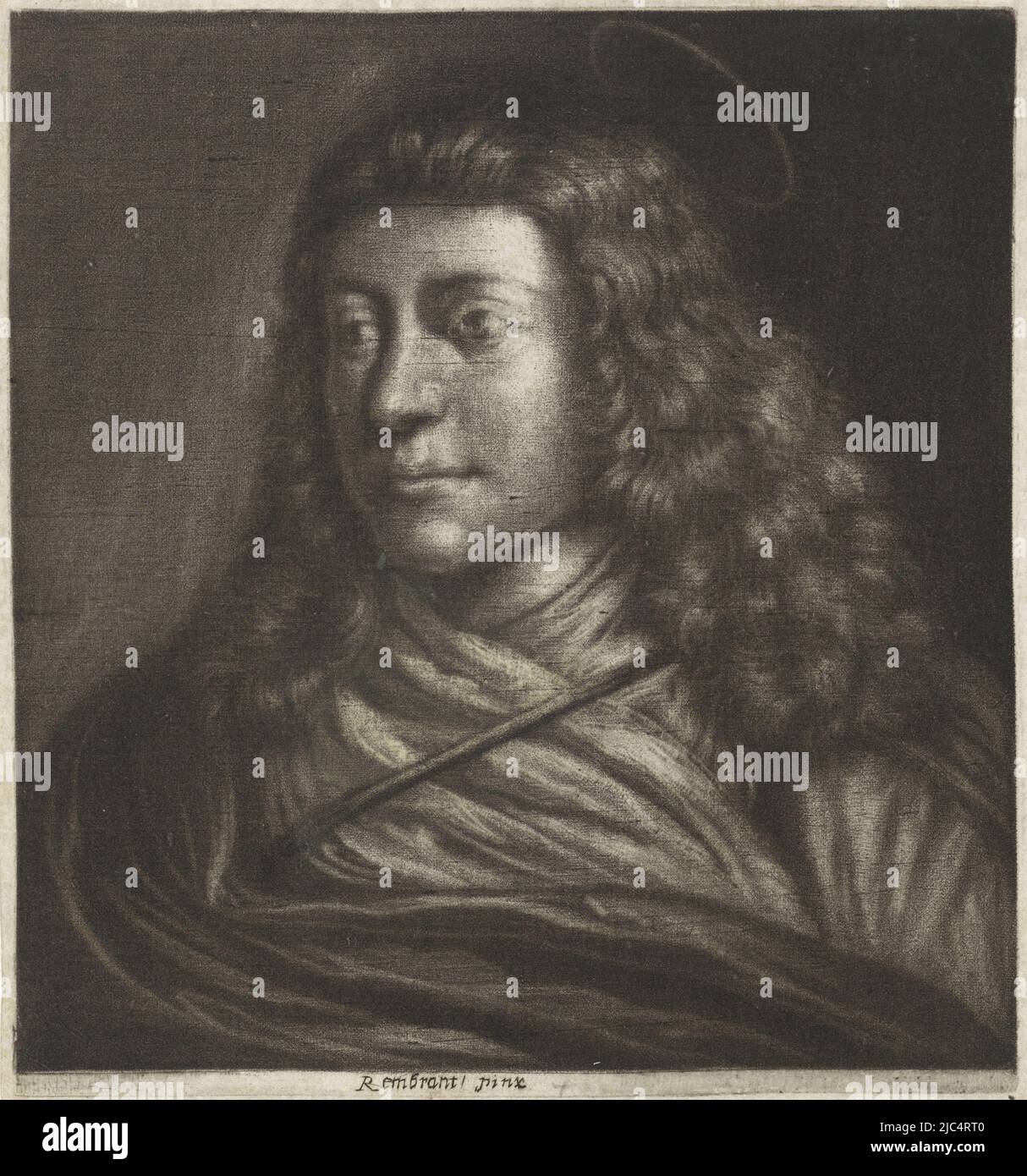 Apostel, möglicherweise Johannes, Druckerei: Jan van Somer, nachher: Rembrandt van Rijn, (auf Objekt erwähnt), 1655 - 1700, Papier, H 172 mm × B 160 mm Stockfoto