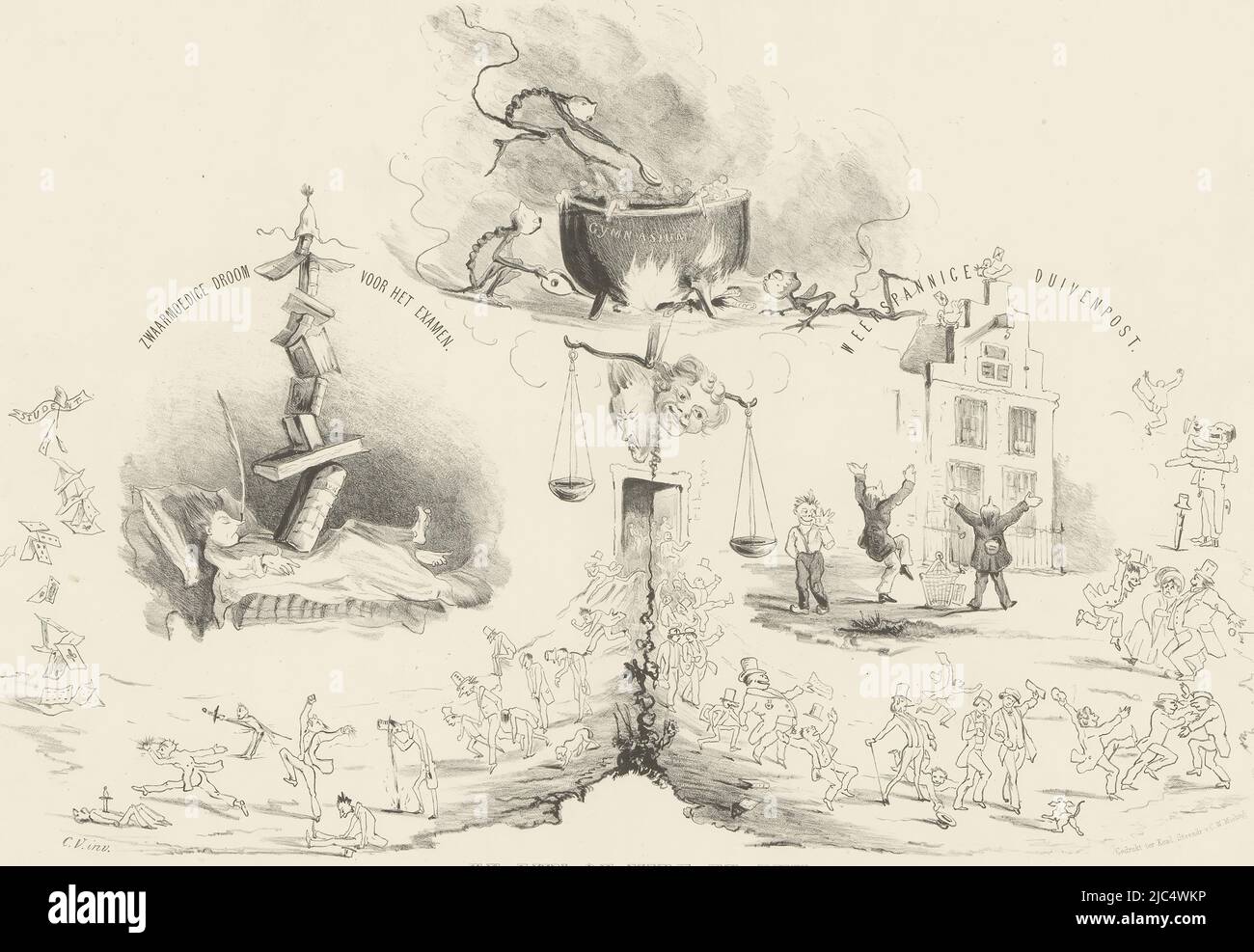 Karikatur über die Verschärfung des staatlichen Examens für die Zulassung zur Universität durch Minister Thorbecke durch den Königlichen Erlass vom 1. Juli 1850. Links der Traum des Studenten im Bett und der traurigen Studenten, die gescheitert sind, rechts die glücklichen Studenten, die vorbeigegangen sind. An der Spitze werden die Studenten der Turnhalle in einem großen Kessel gekocht., Cartoon über das Staatsexamen für die Zulassung zur Universität zu sein oder nicht zu sein oder das Staatsexamen in den Niederlanden. Tragödie in 30 Tagen, Druckerei: Jan Karel Jacob de Jonge, (möglicherweise), Carel Vosmaer, (auf Objekt erwähnt), Drucker: Koninklijke Nederlandse Stockfoto