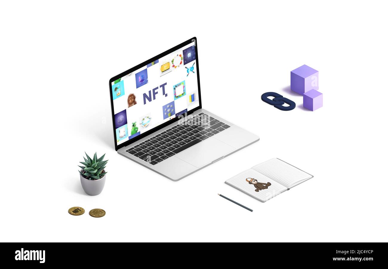 Isometrisches NFT nicht-fungible Token-Zusammensetzung Konzept. Laptop mit NFT-Kunst, Pad mit Zeichnung, NFT-Krypto-Münzen, Blöcken und Kette. Artist Work Desk Konz Stockfoto