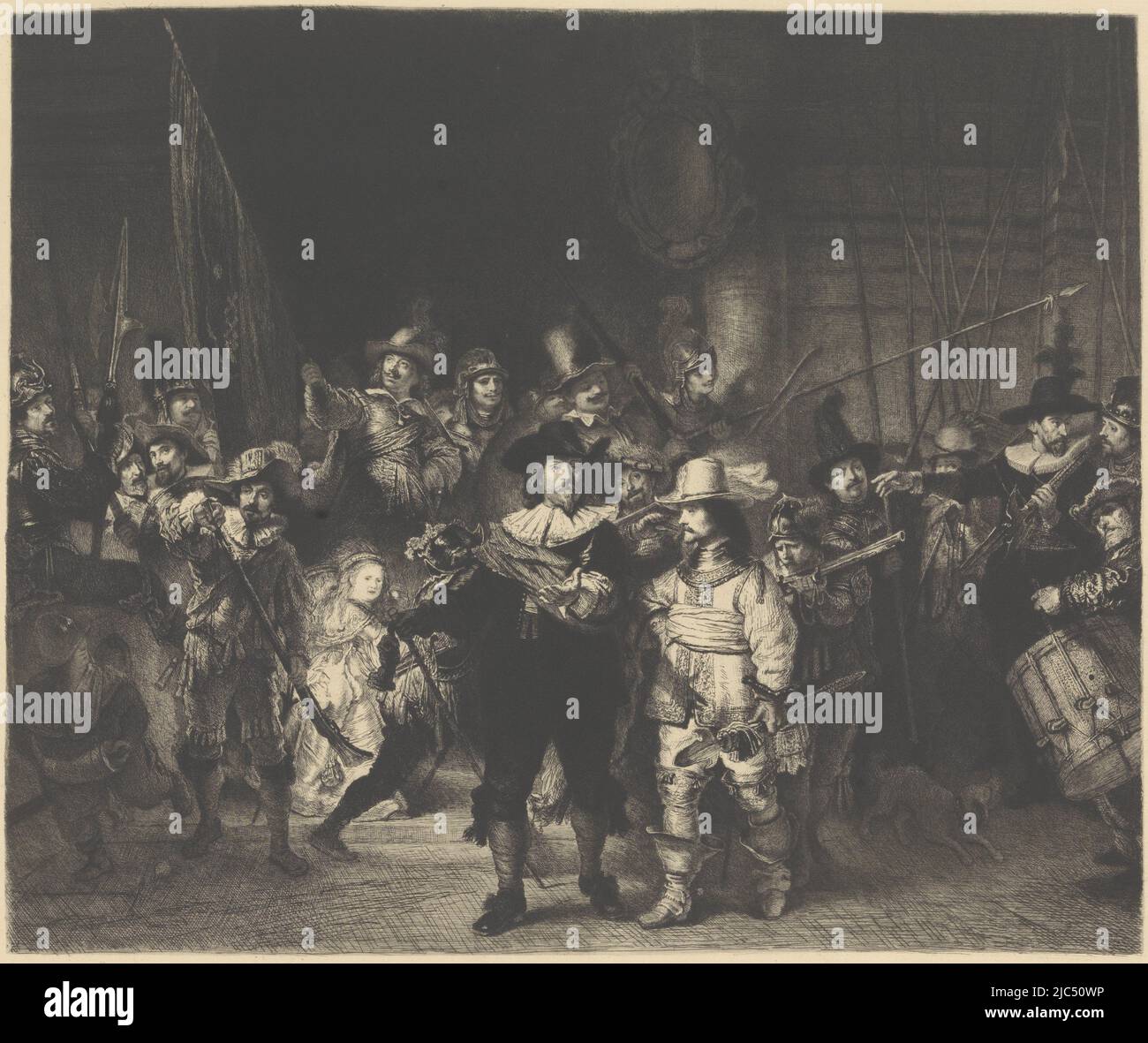 Nachtwache, Druckerei: Léopold Flameng, (auf Objekt erwähnt), nach: Rembrandt van Rijn, (auf Objekt erwähnt), Belgien, 1875, Papier, Ätzung, H 324 mm × B 391 mm Stockfoto