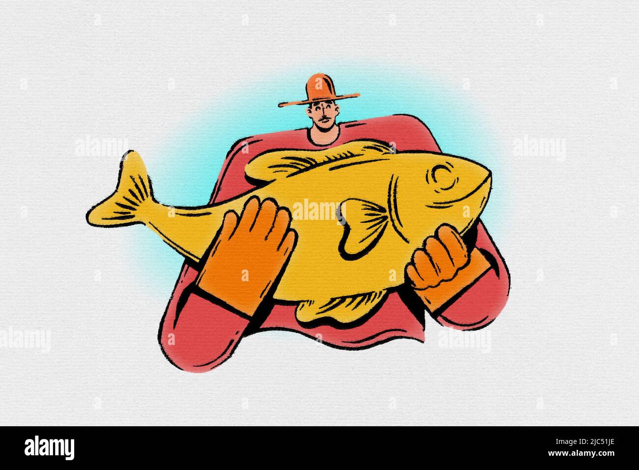 Happy Fisherman Charakter hält einen großen goldenen Fisch Cartoon Cliparts und Illustration Stockfoto
