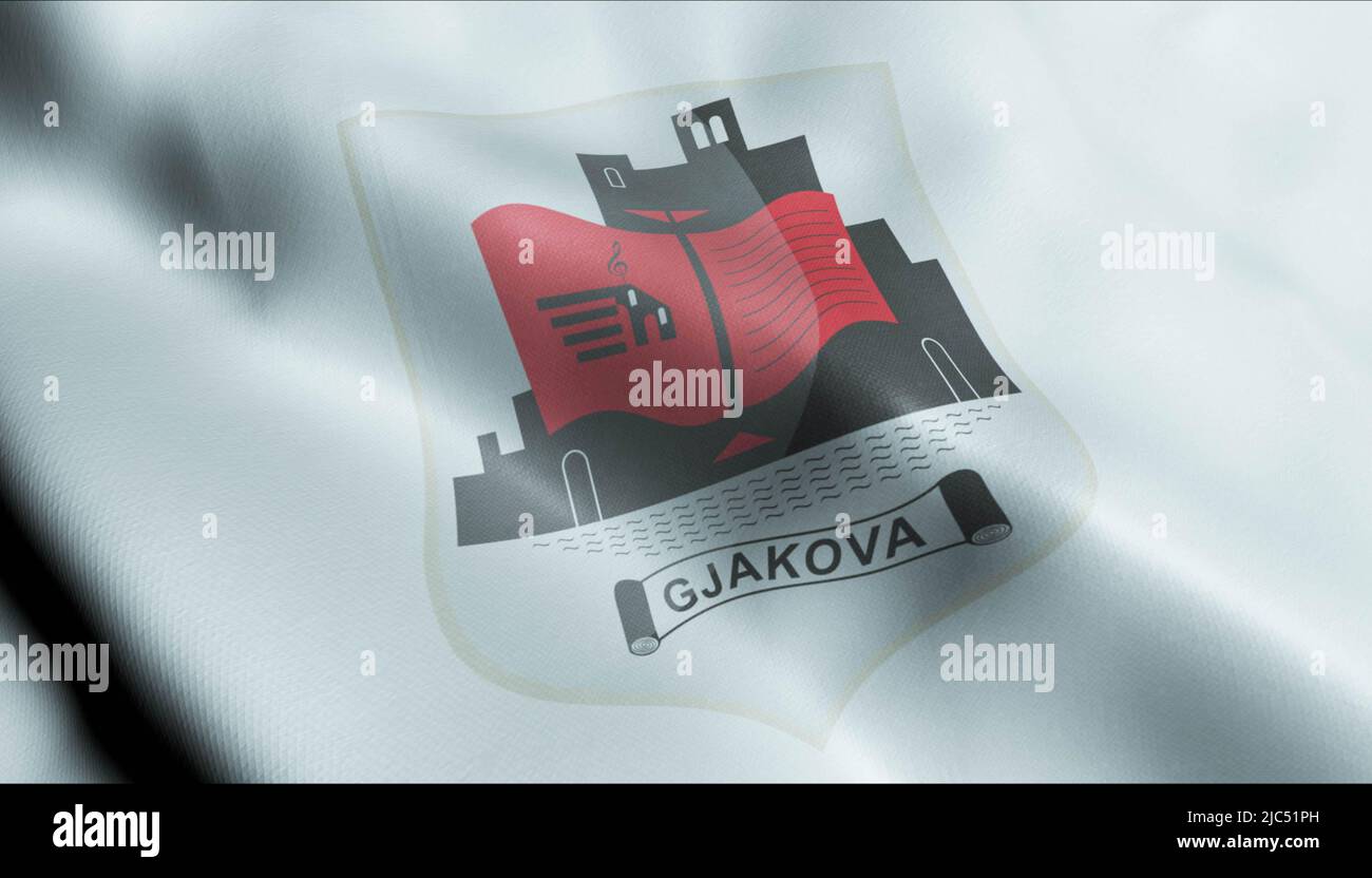 3D Illustration einer wehenden Kosovo-Stadtflagge von Gjakova Stockfoto